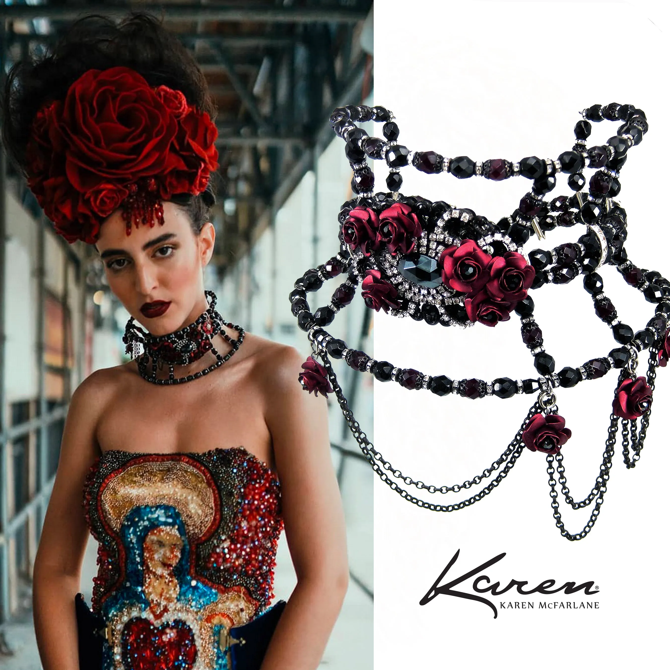 #478n Vintage Inspired Jet, Ruby & Rhinestone Tall Choker With Roses & Chain Bib