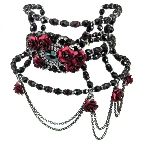 #478n Vintage Inspired Jet, Ruby & Rhinestone Tall Choker With Roses & Chain Bib