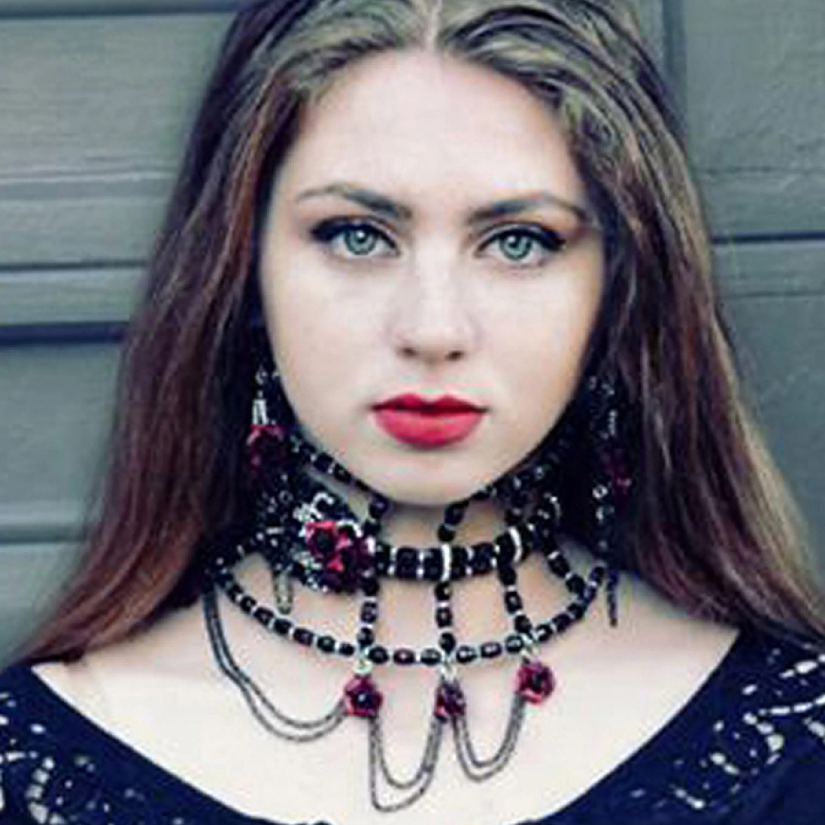 #478n Vintage Inspired Jet, Ruby & Rhinestone Tall Choker With Roses & Chain Bib
