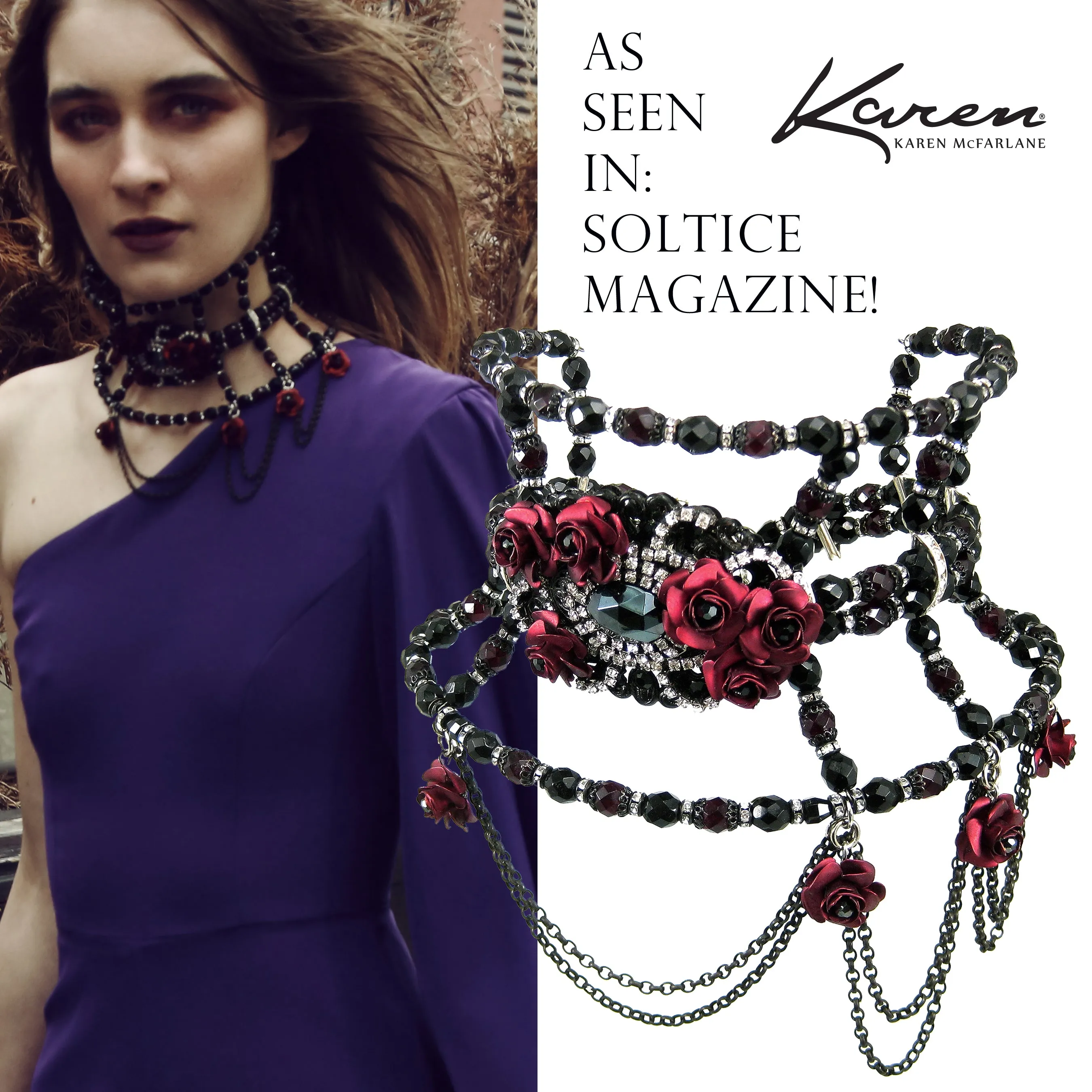 #478n Vintage Inspired Jet, Ruby & Rhinestone Tall Choker With Roses & Chain Bib
