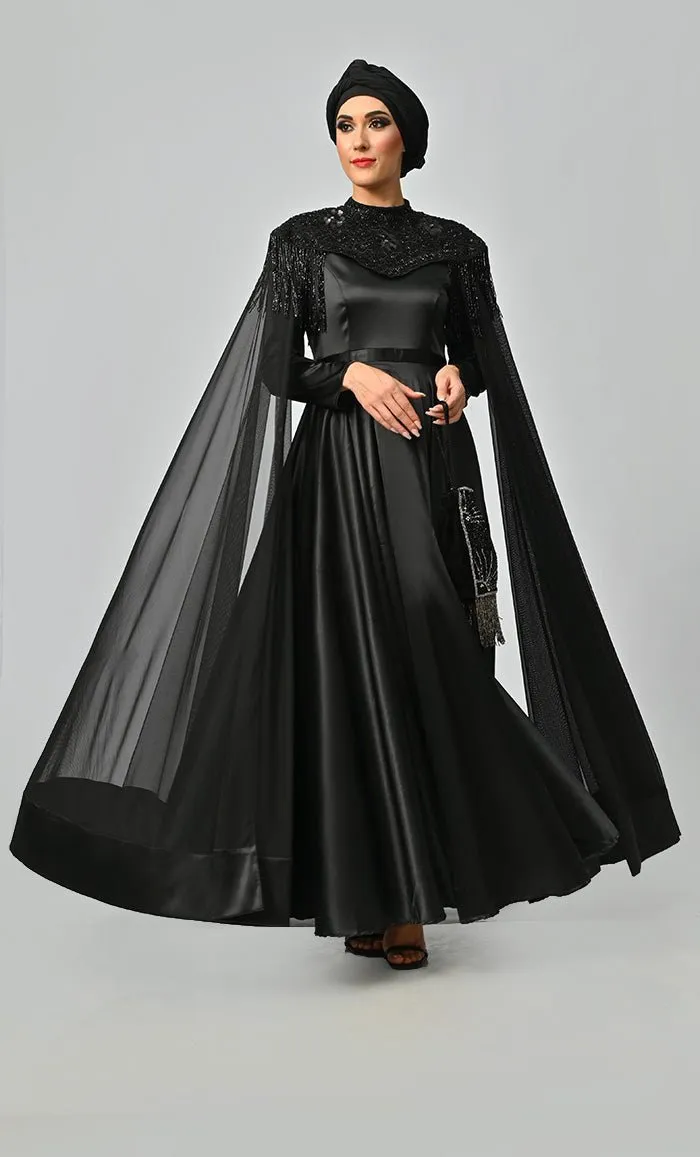 Arabian Queen Hand Embroidered Collar Satin Abaya With Intricate Tassel Details