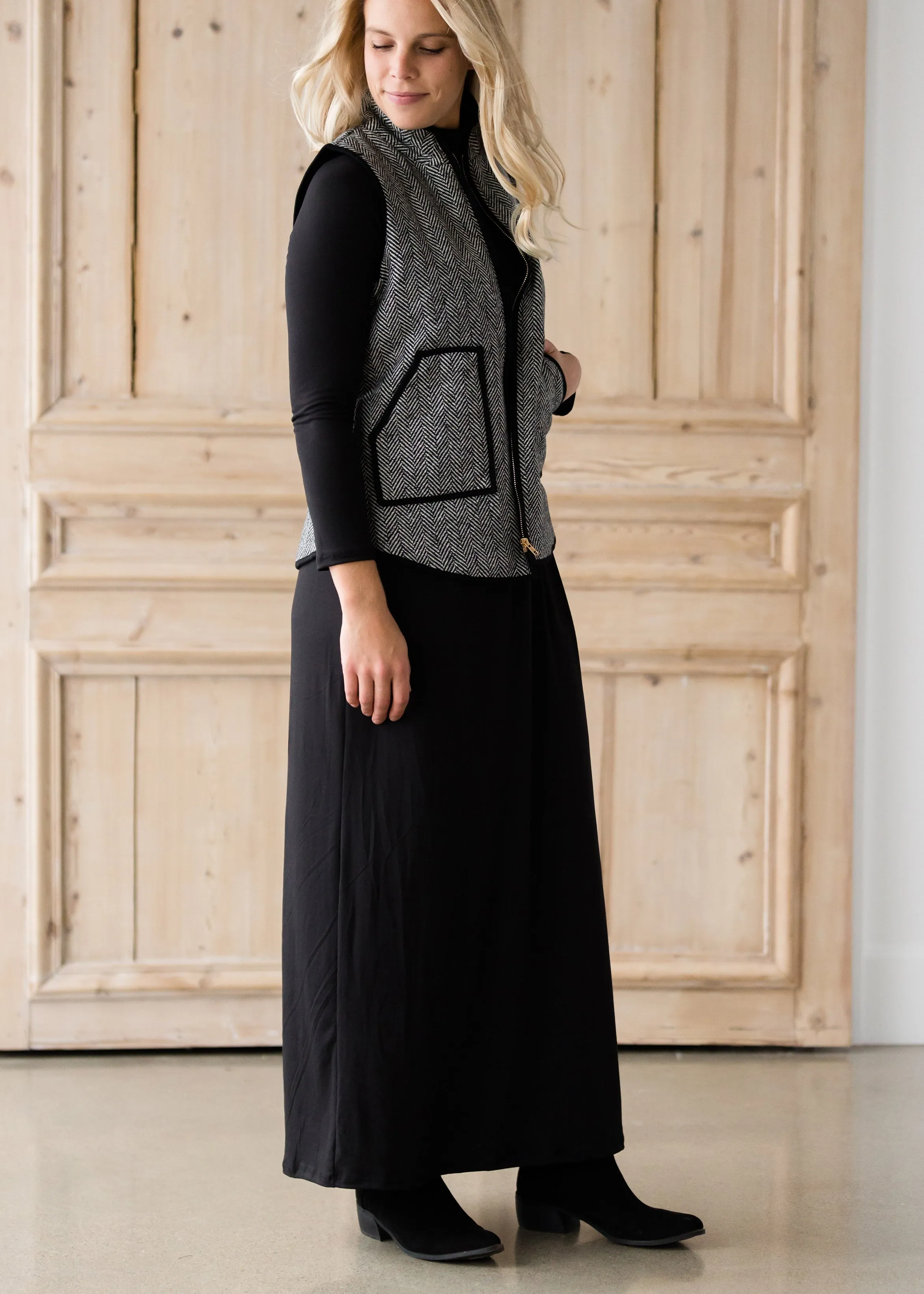 Black Herringbone Zip Up Vest - FINAL SALE