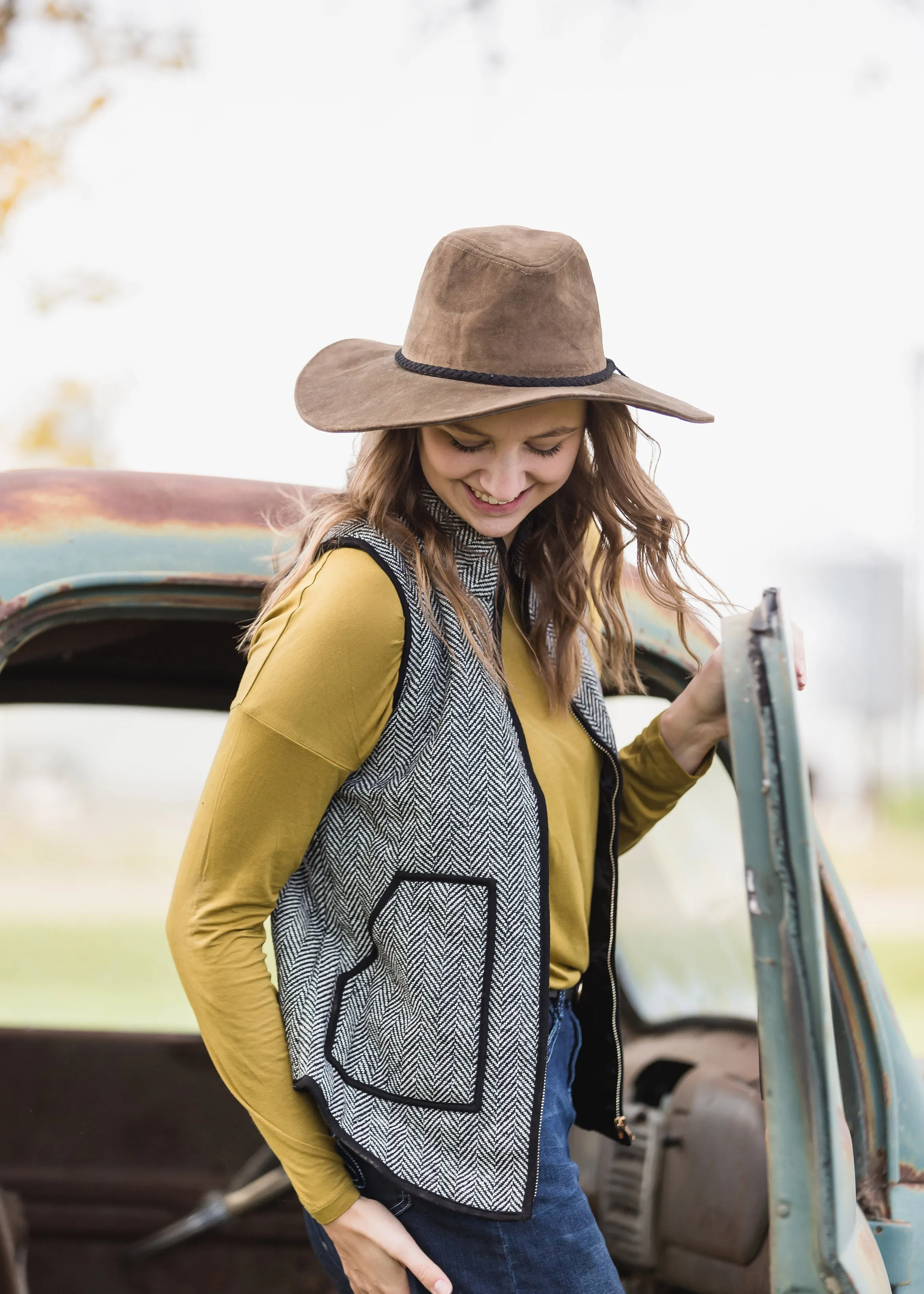 Black Herringbone Zip Up Vest - FINAL SALE