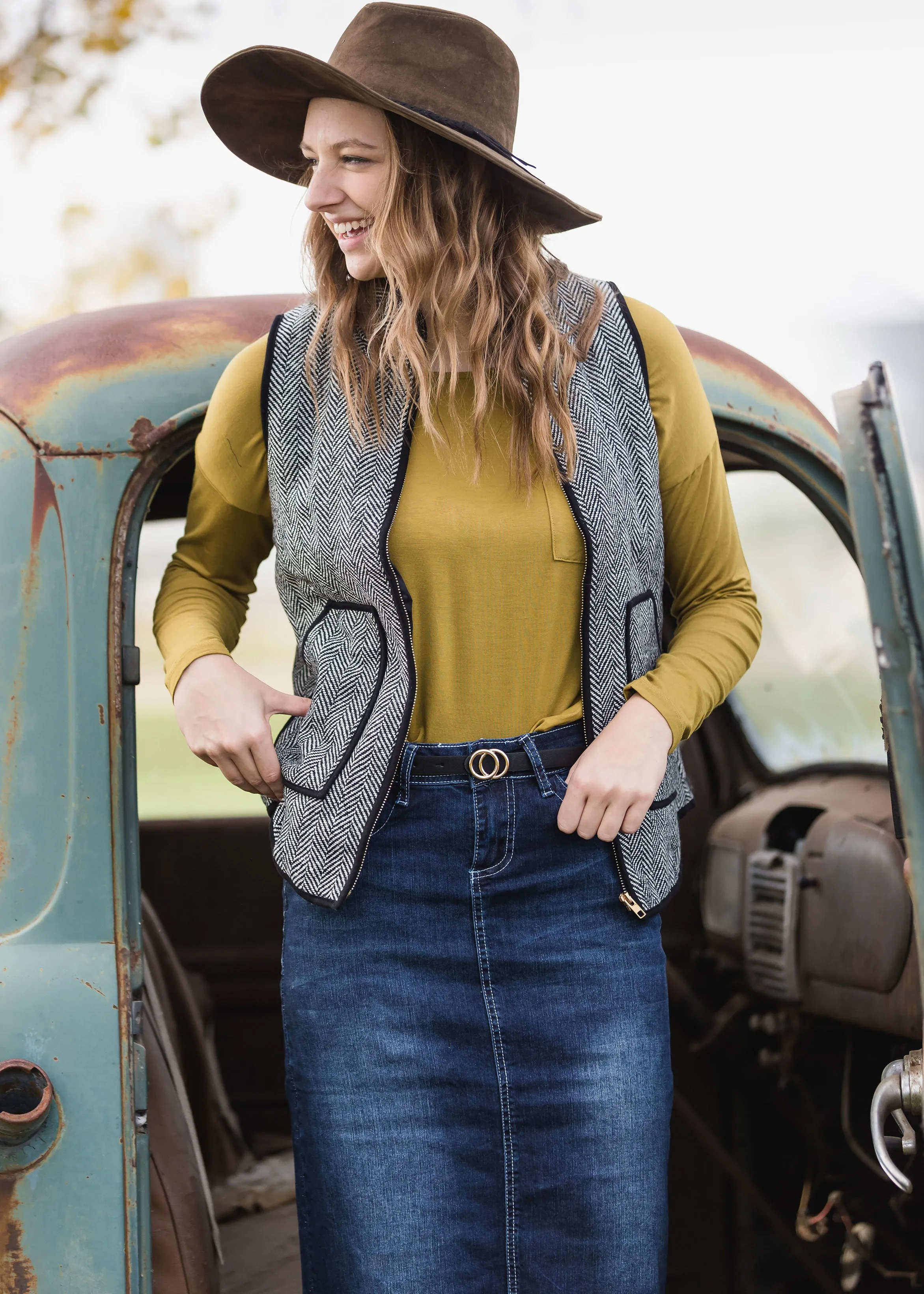 Black Herringbone Zip Up Vest - FINAL SALE