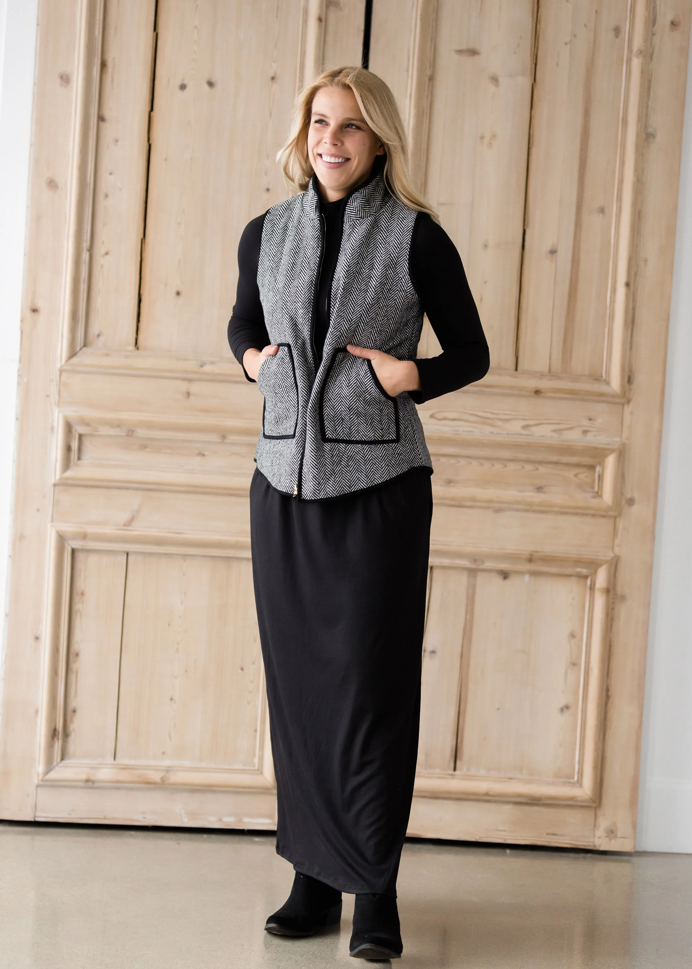 Black Herringbone Zip Up Vest - FINAL SALE