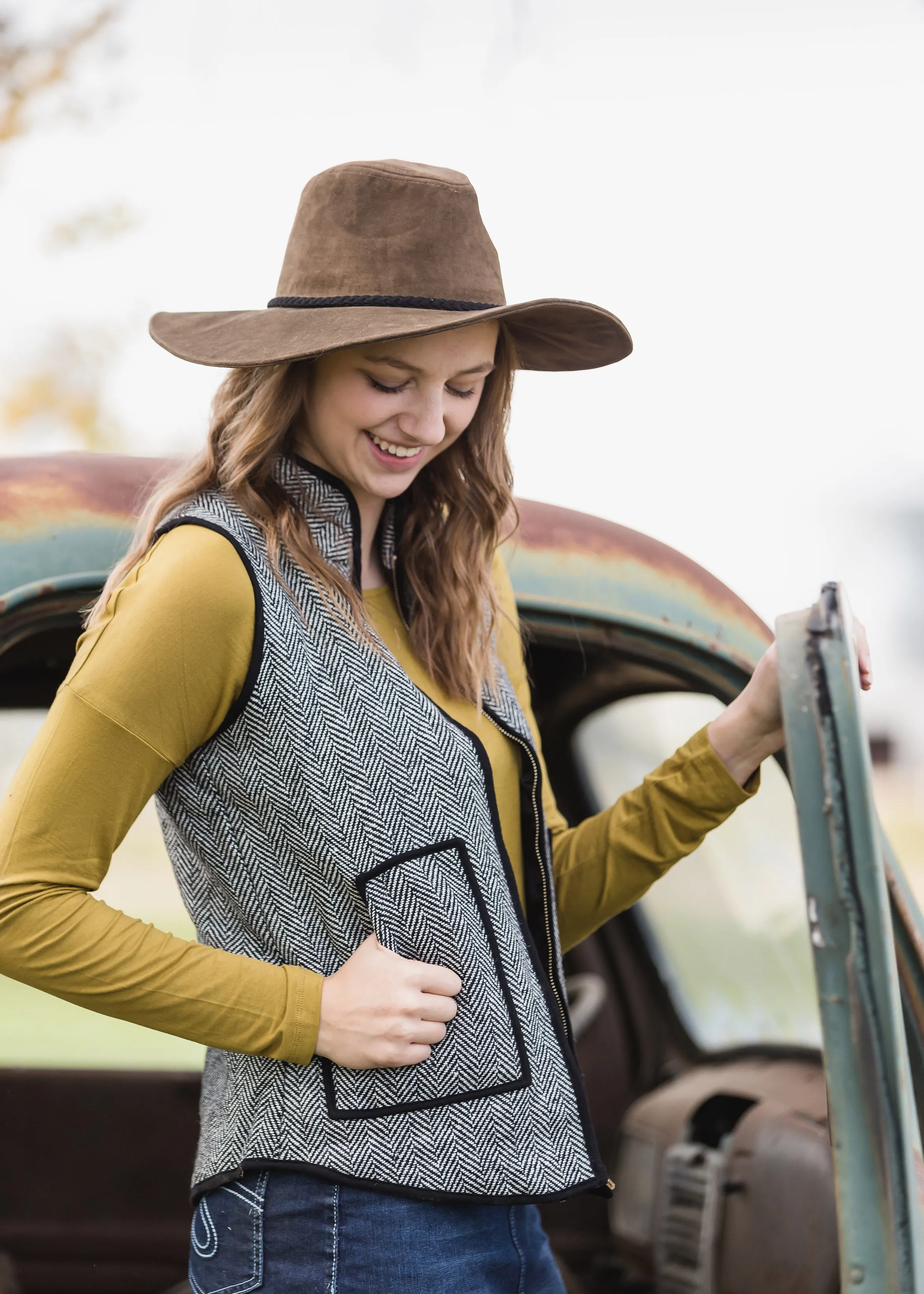 Black Herringbone Zip Up Vest - FINAL SALE