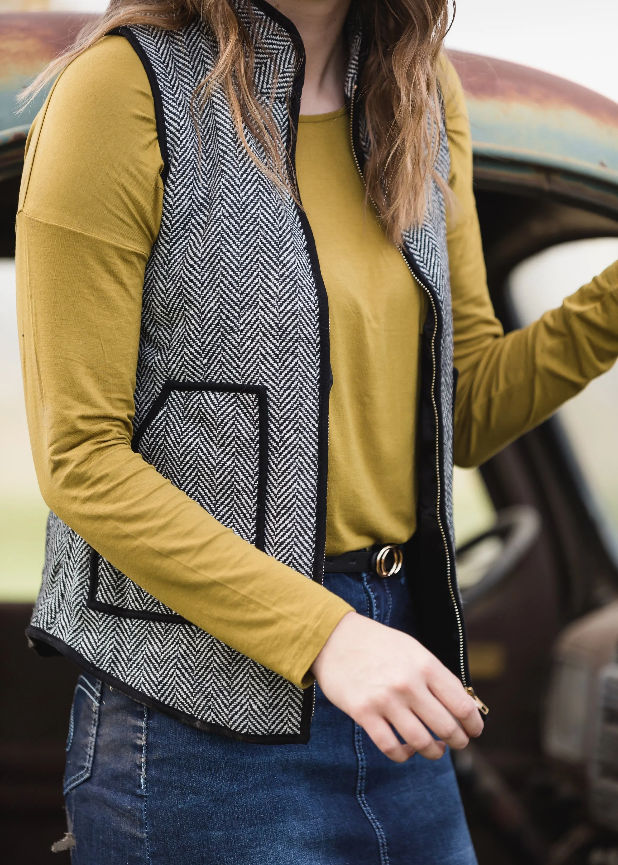 Black Herringbone Zip Up Vest - FINAL SALE