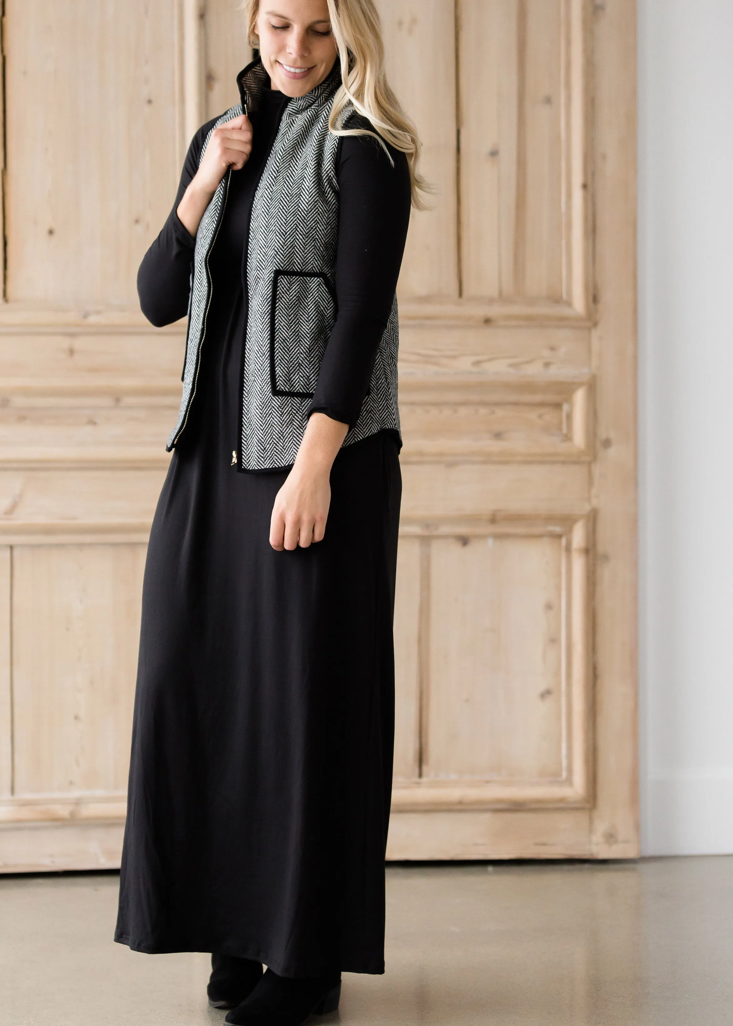 Black Herringbone Zip Up Vest - FINAL SALE