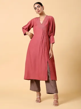 Cotton Linen Rust Red Kurta Pant Set | Relove