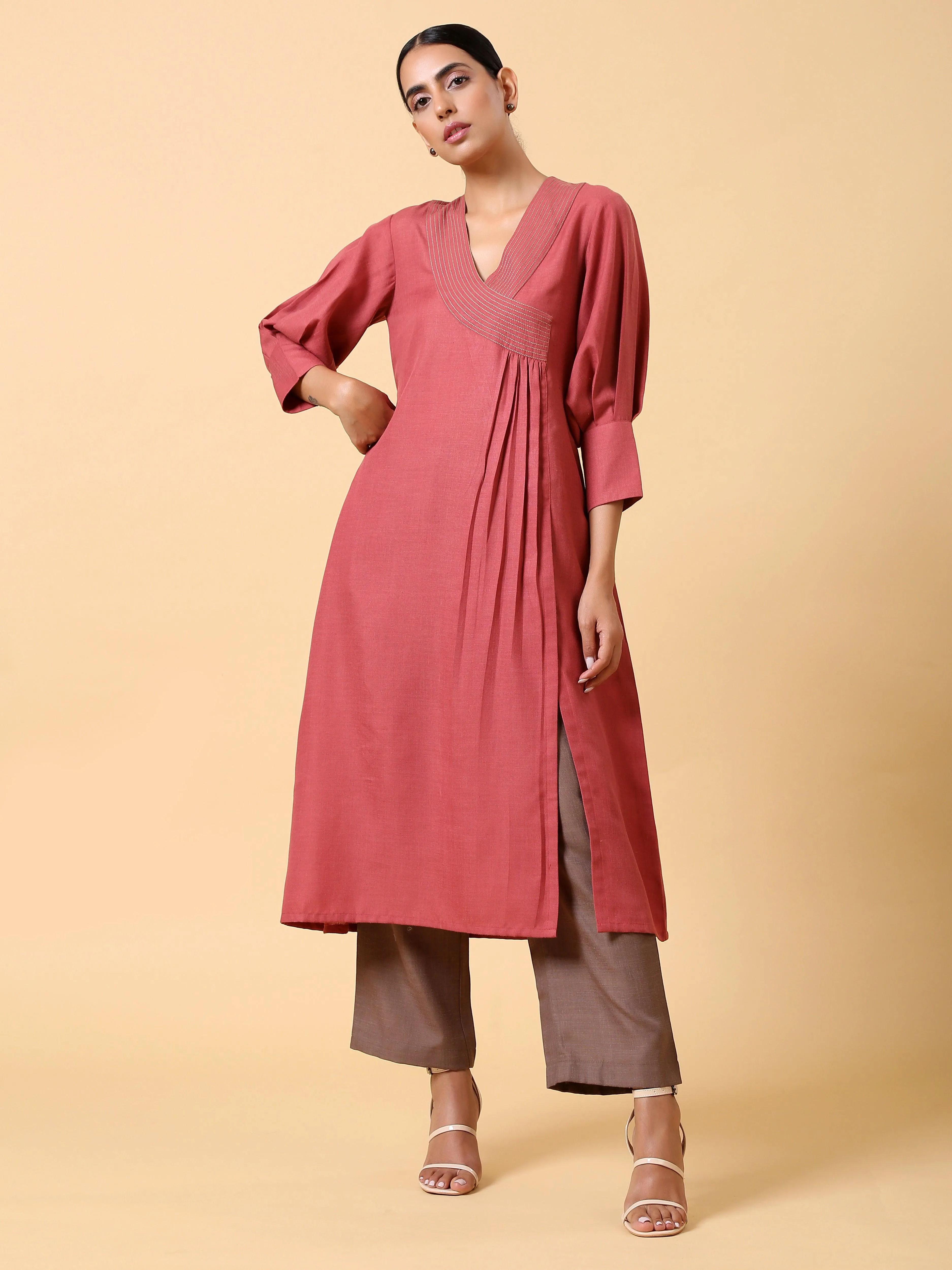 Cotton Linen Rust Red Kurta Pant Set | Relove
