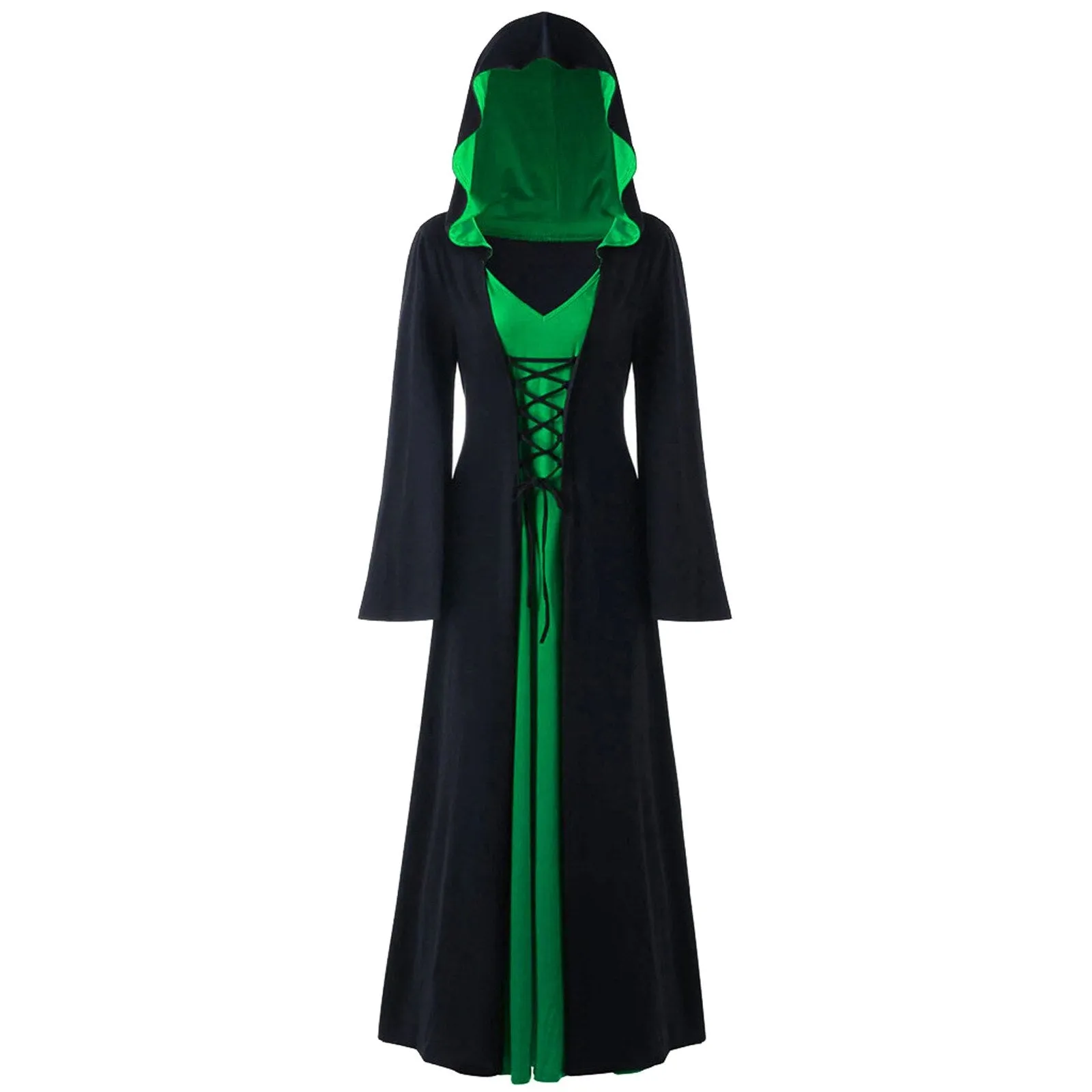 DressBetty - Retro Christmas Costume Plus Size Hooded Lace Up Patchwork Dress