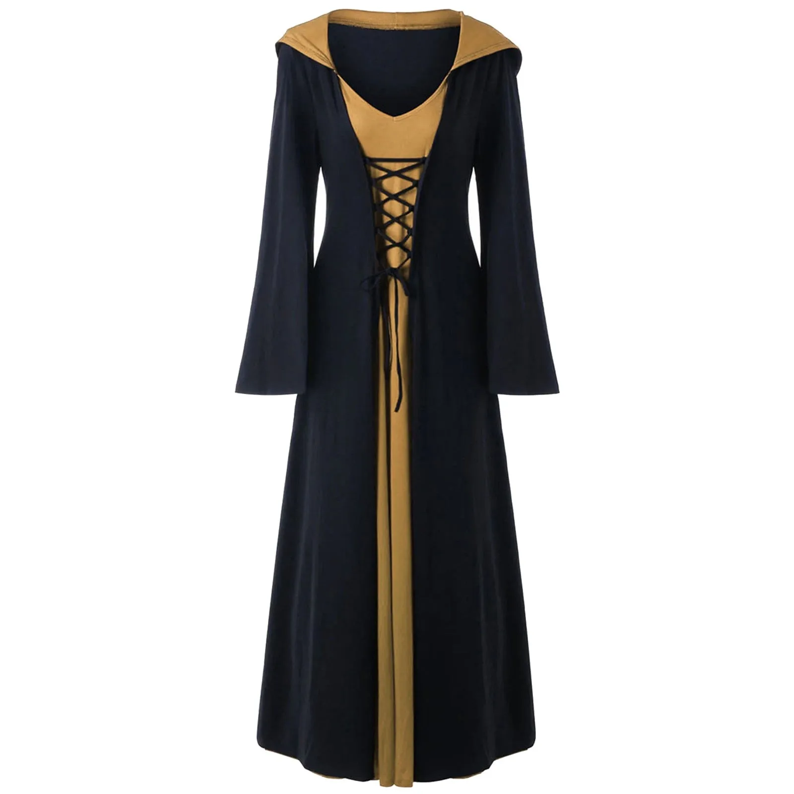 DressBetty - Retro Christmas Costume Plus Size Hooded Lace Up Patchwork Dress