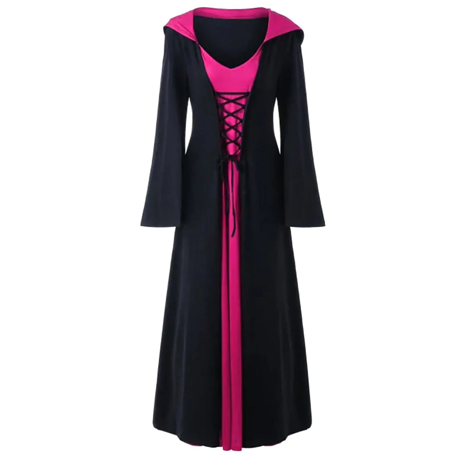DressBetty - Retro Christmas Costume Plus Size Hooded Lace Up Patchwork Dress