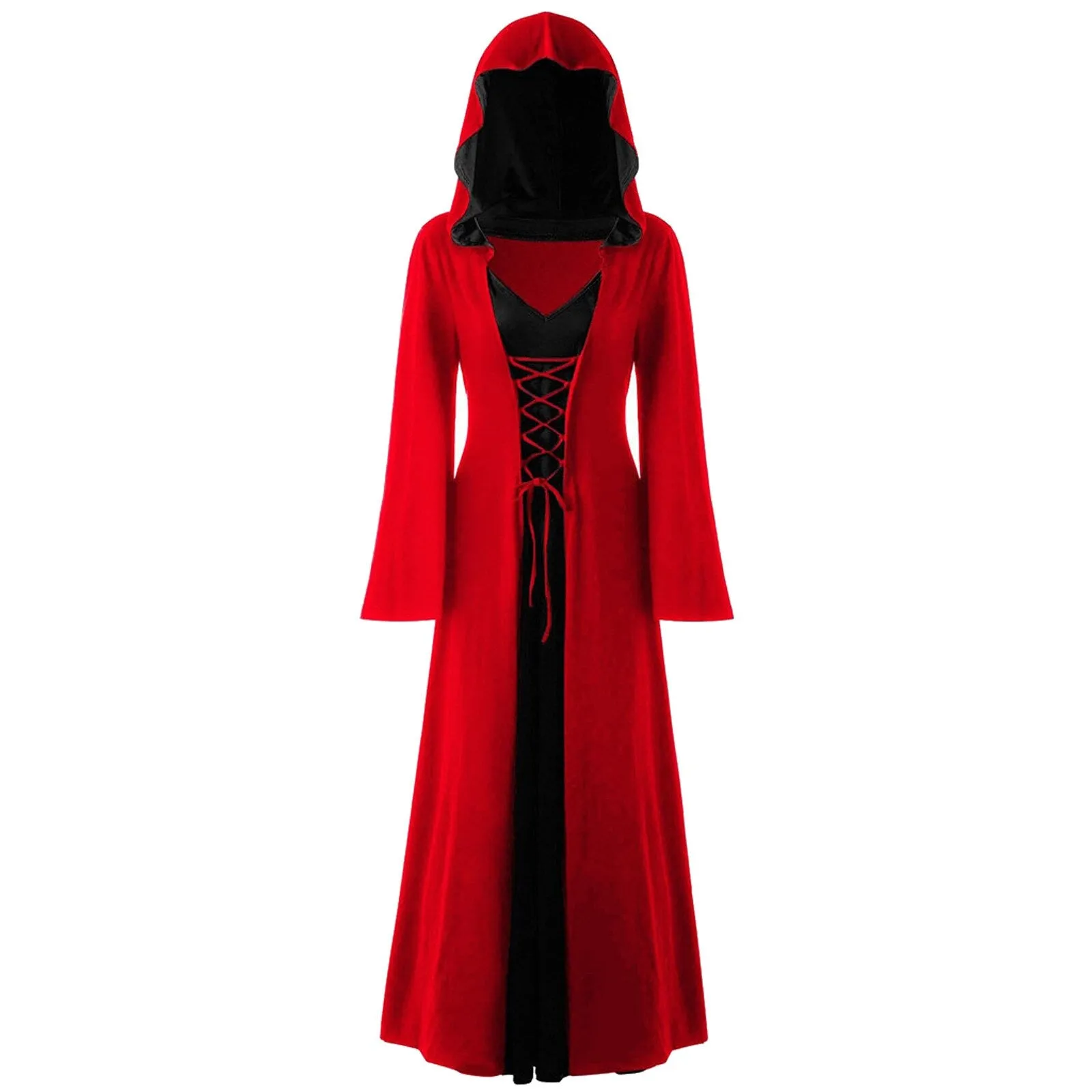 DressBetty - Retro Christmas Costume Plus Size Hooded Lace Up Patchwork Dress