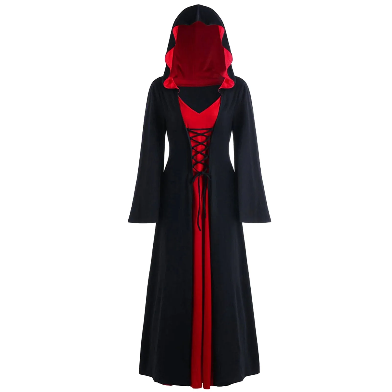 DressBetty - Retro Christmas Costume Plus Size Hooded Lace Up Patchwork Dress