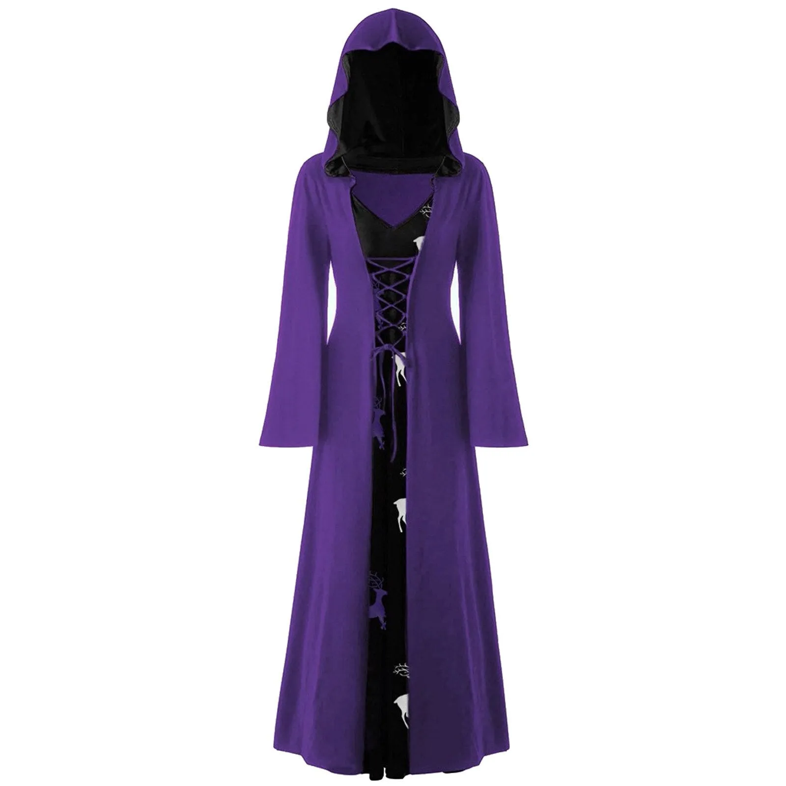 DressBetty - Retro Christmas Costume Plus Size Hooded Lace Up Patchwork Dress