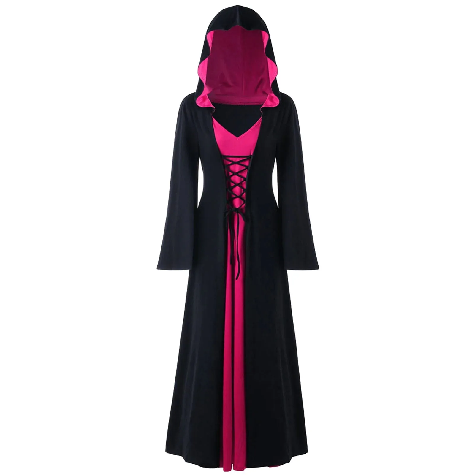 DressBetty - Retro Christmas Costume Plus Size Hooded Lace Up Patchwork Dress