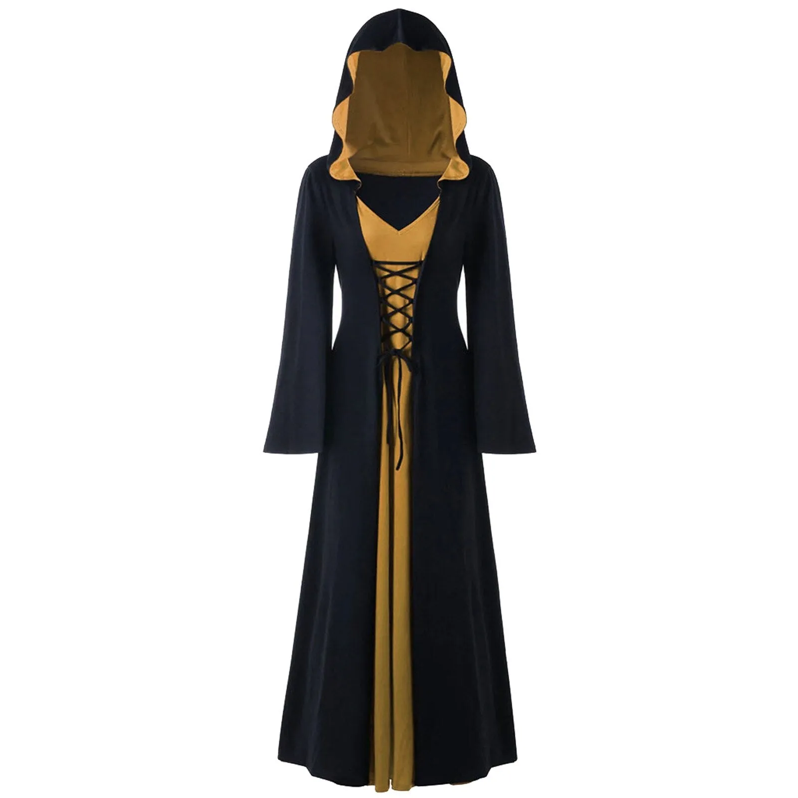 DressBetty - Retro Christmas Costume Plus Size Hooded Lace Up Patchwork Dress