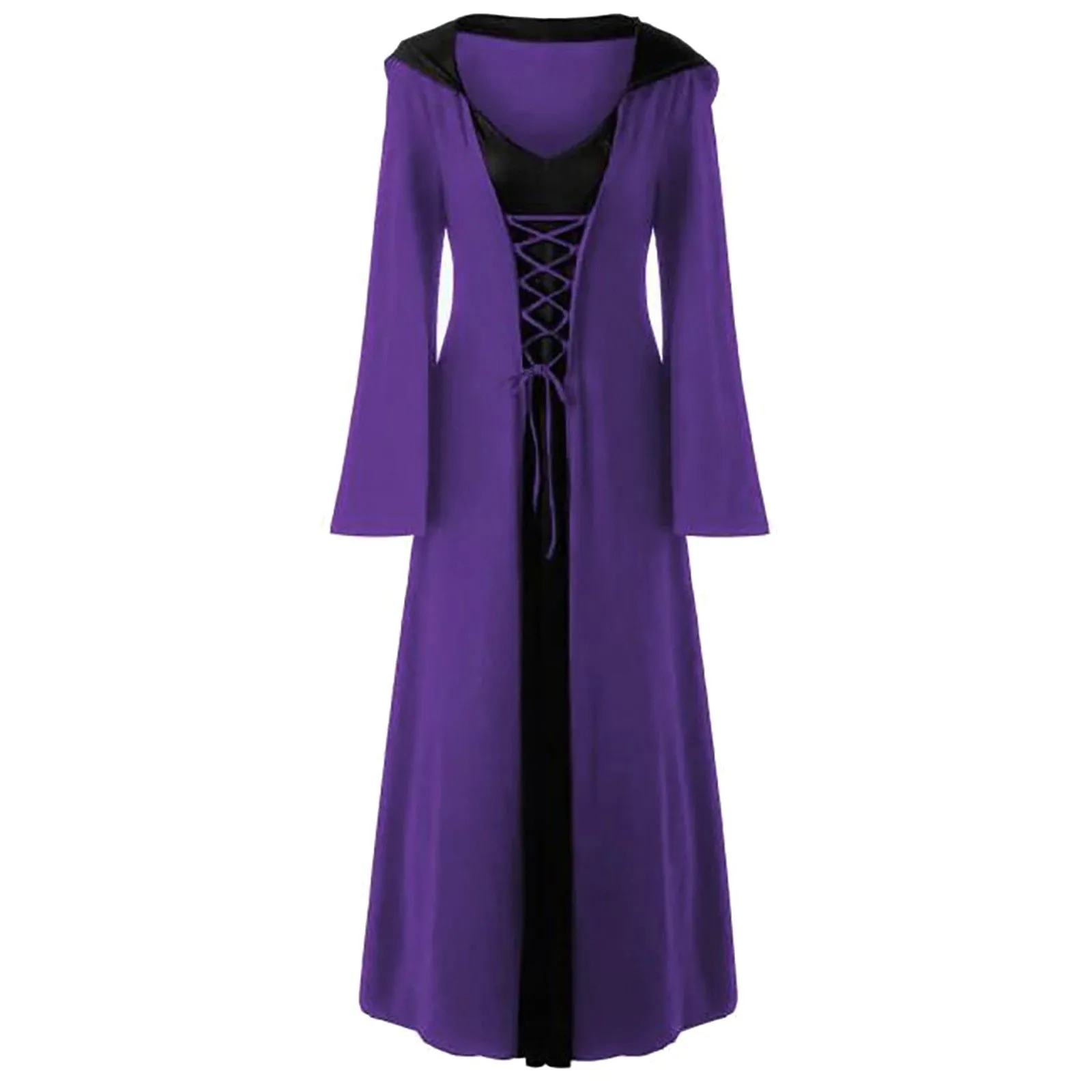 DressBetty - Retro Christmas Costume Plus Size Hooded Lace Up Patchwork Dress