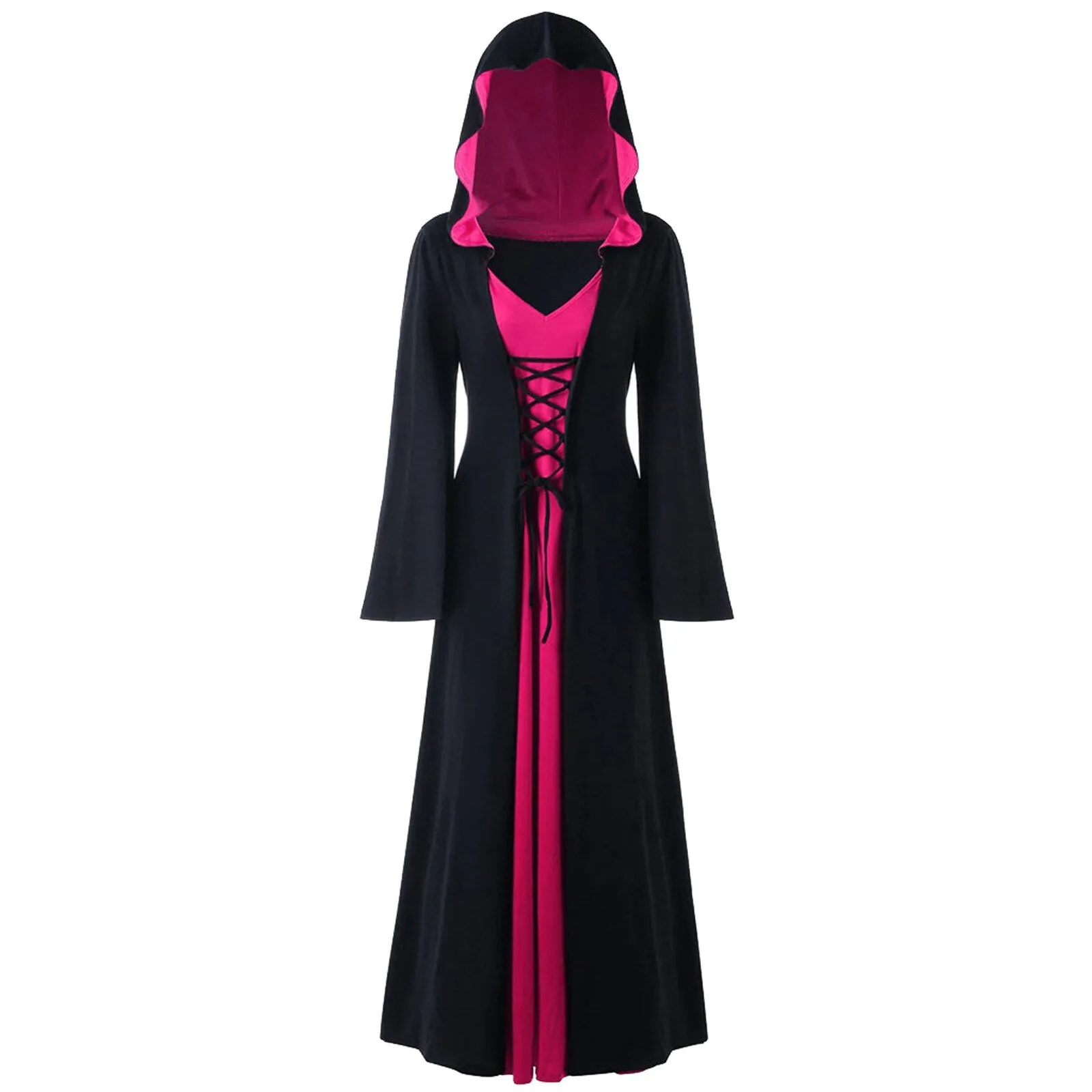 DressBetty - Retro Christmas Costume Plus Size Hooded Lace Up Patchwork Dress