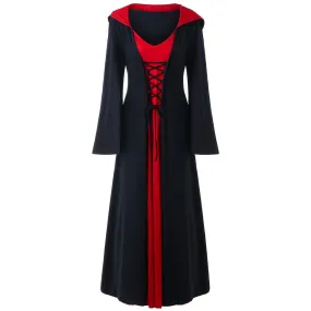 DressBetty - Retro Christmas Costume Plus Size Hooded Lace Up Patchwork Dress