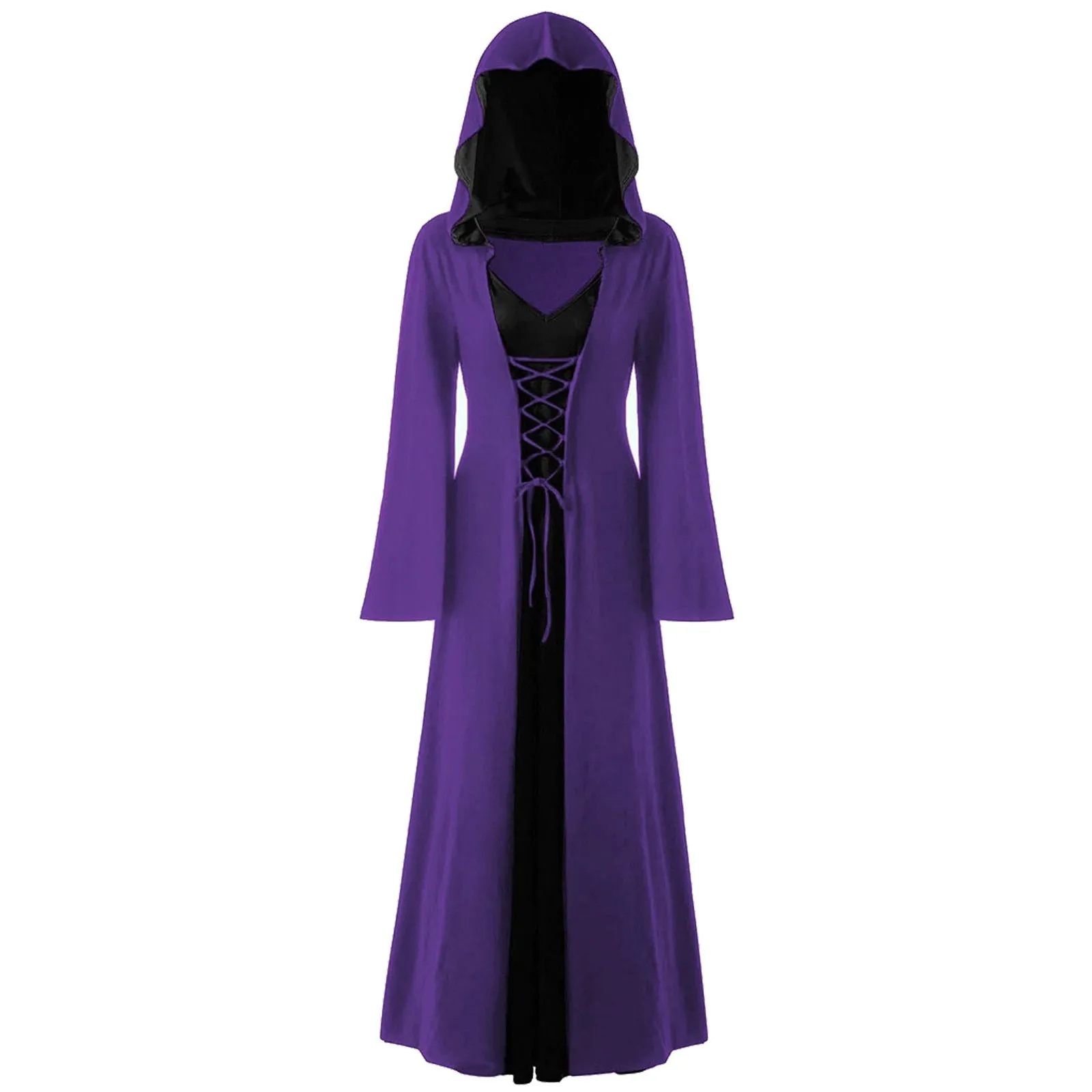 DressBetty - Retro Christmas Costume Plus Size Hooded Lace Up Patchwork Dress