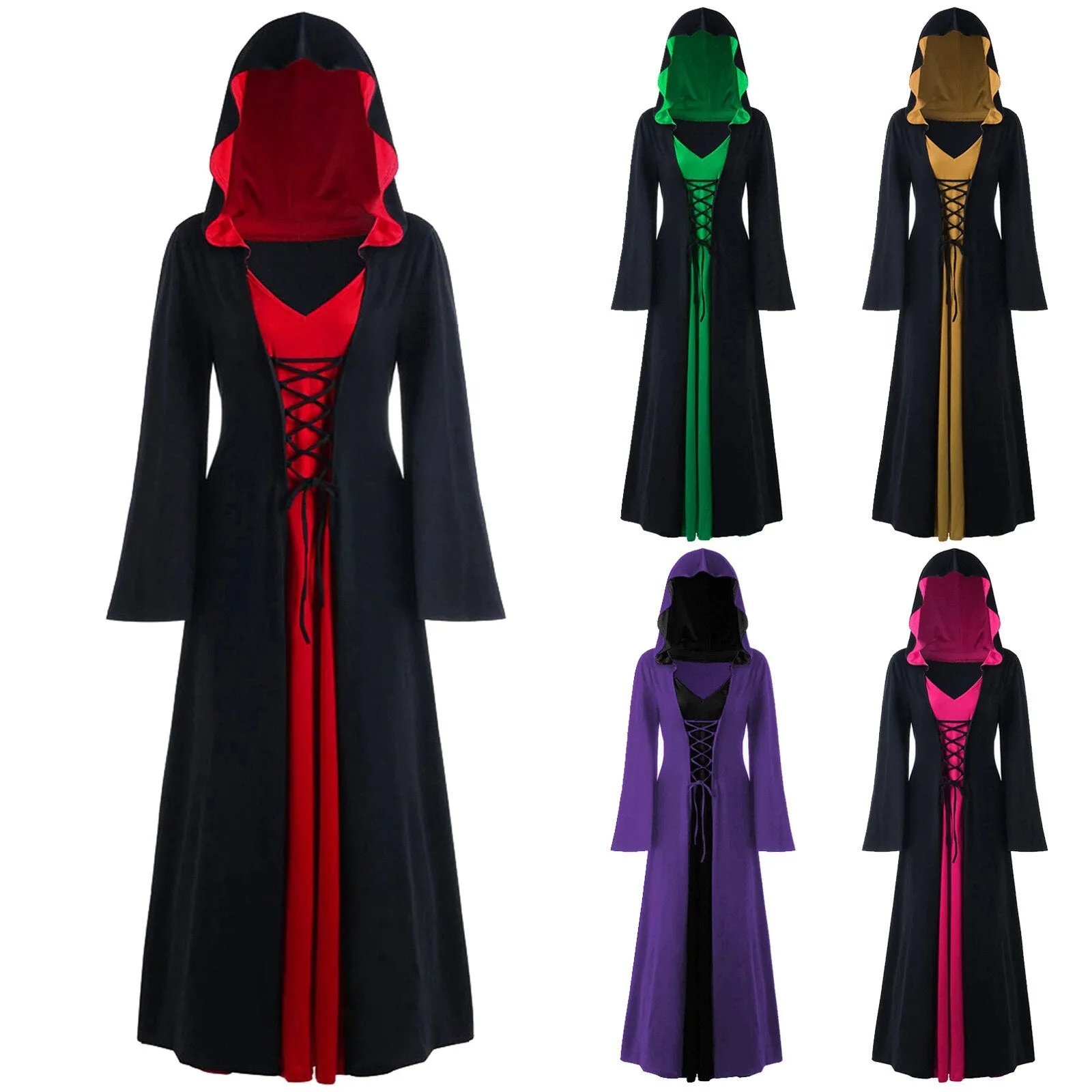 DressBetty - Retro Christmas Costume Plus Size Hooded Lace Up Patchwork Dress