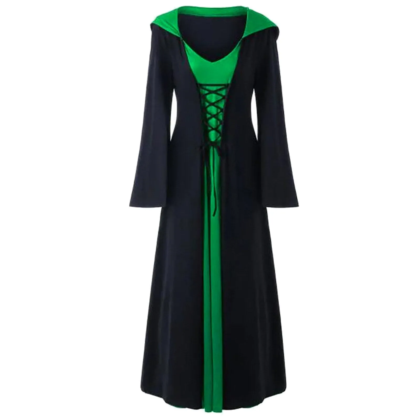 DressBetty - Retro Christmas Costume Plus Size Hooded Lace Up Patchwork Dress