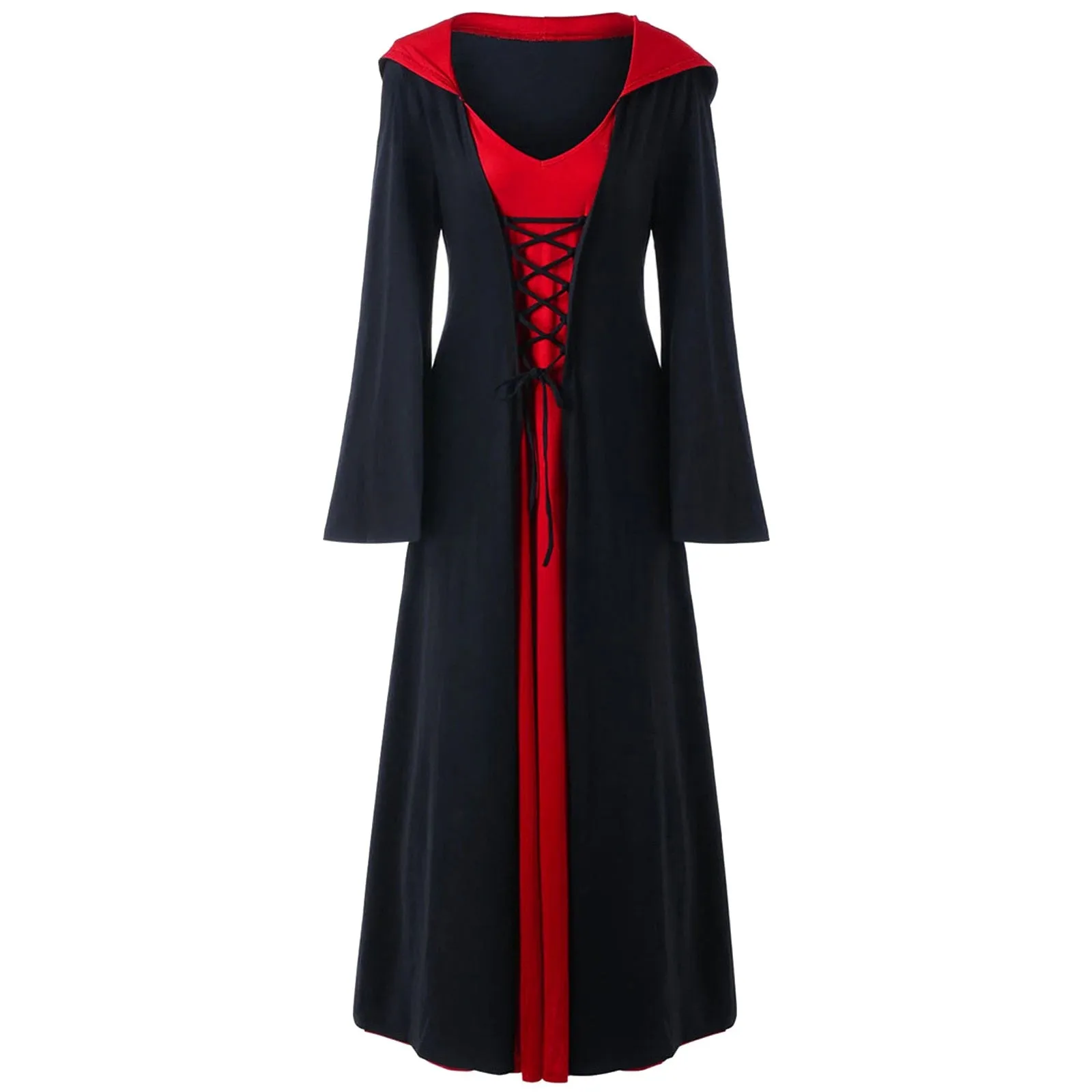 DressBetty - Retro Christmas Costume Plus Size Hooded Lace Up Patchwork Dress