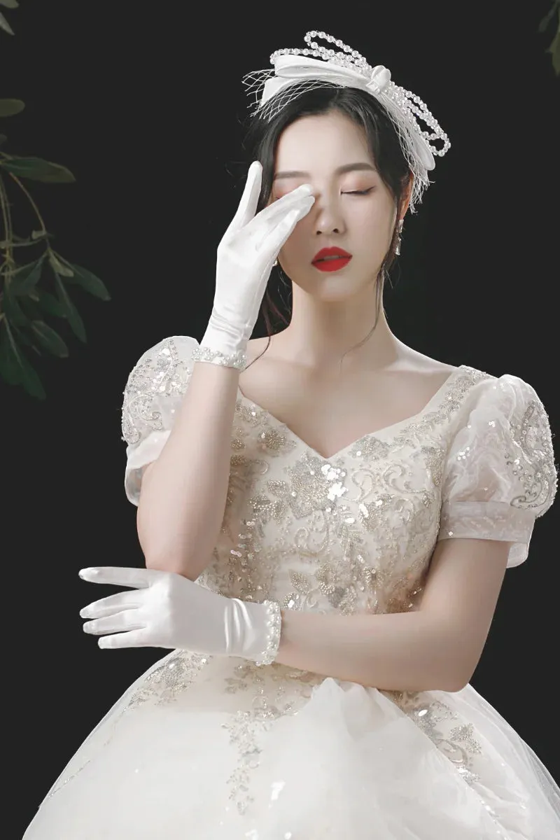 Elegant Women Wedding Bridal Short Gloves Full Finger Pearls  Wrist Length Costume Prom Party Gloves