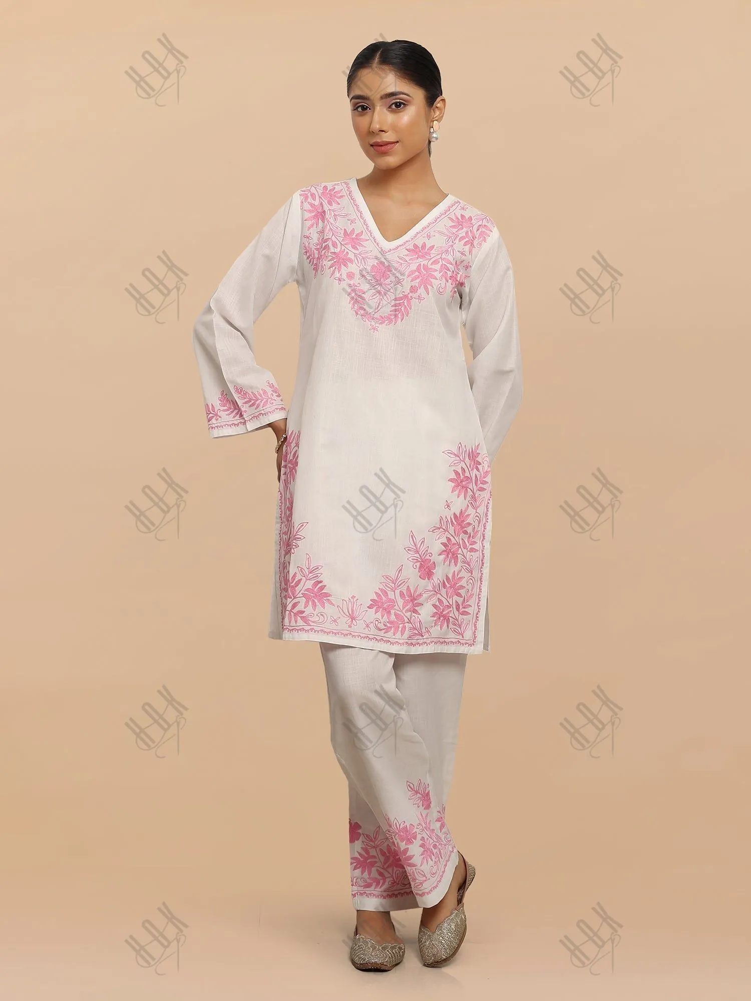 Falak Kashmiri Kurta Set  - White
