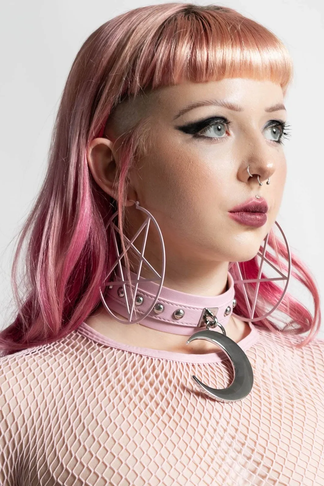 Killstar Pentagram Hoop Earrings in Light Pink