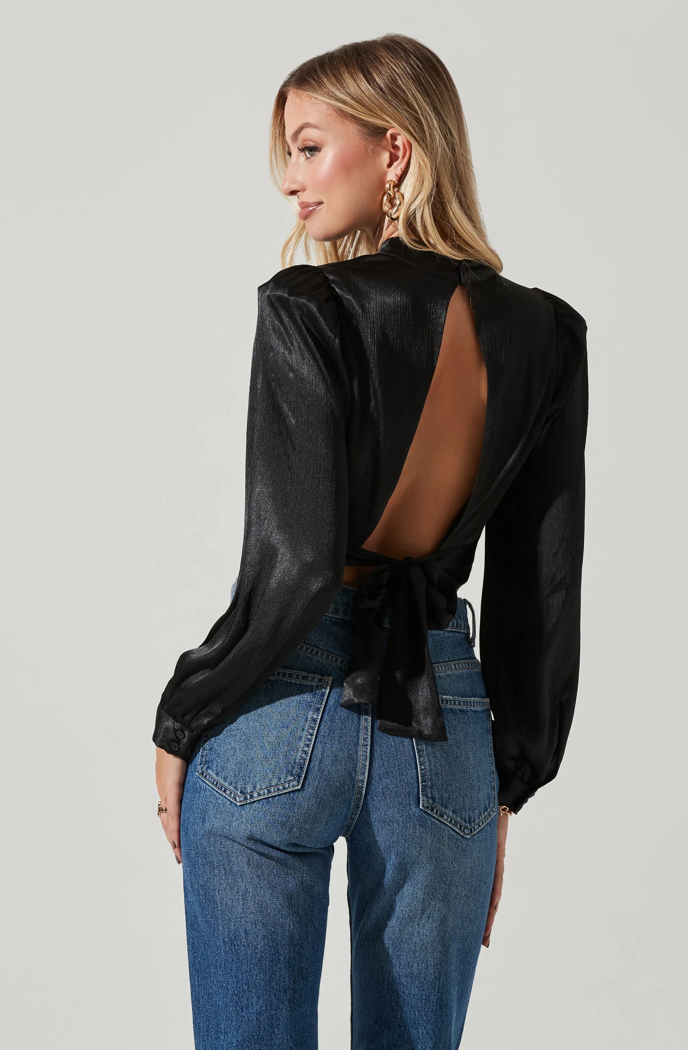 Long Sleeve Mock Neck Open Tie Back Top