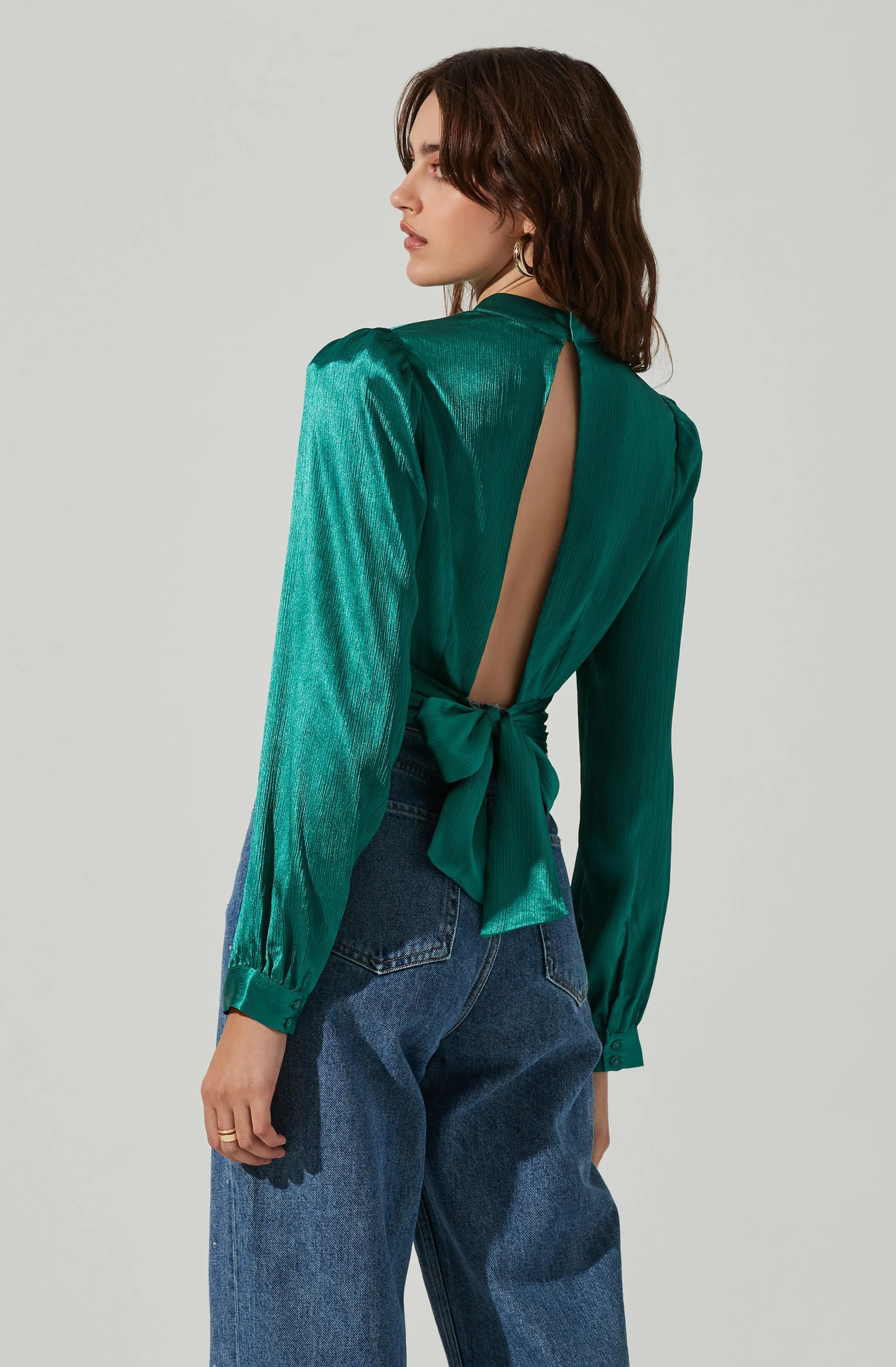 Long Sleeve Mock Neck Open Tie Back Top