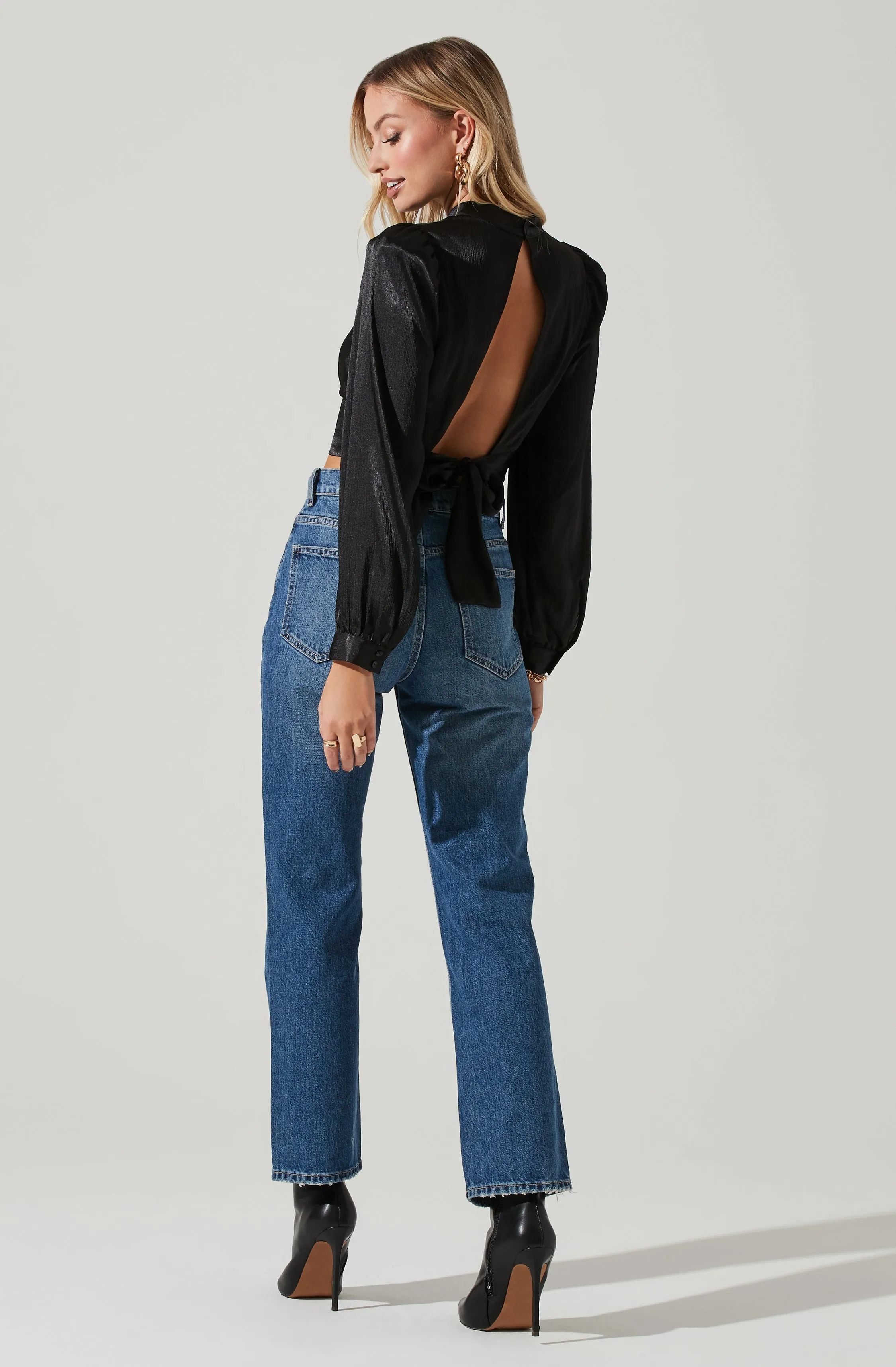 Long Sleeve Mock Neck Open Tie Back Top