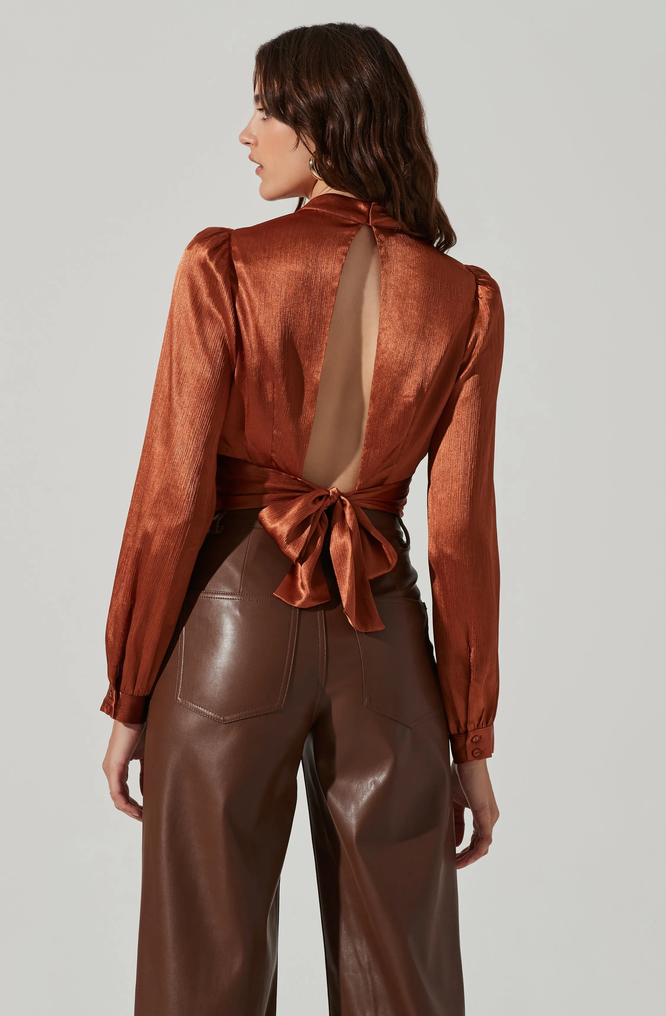 Long Sleeve Mock Neck Open Tie Back Top