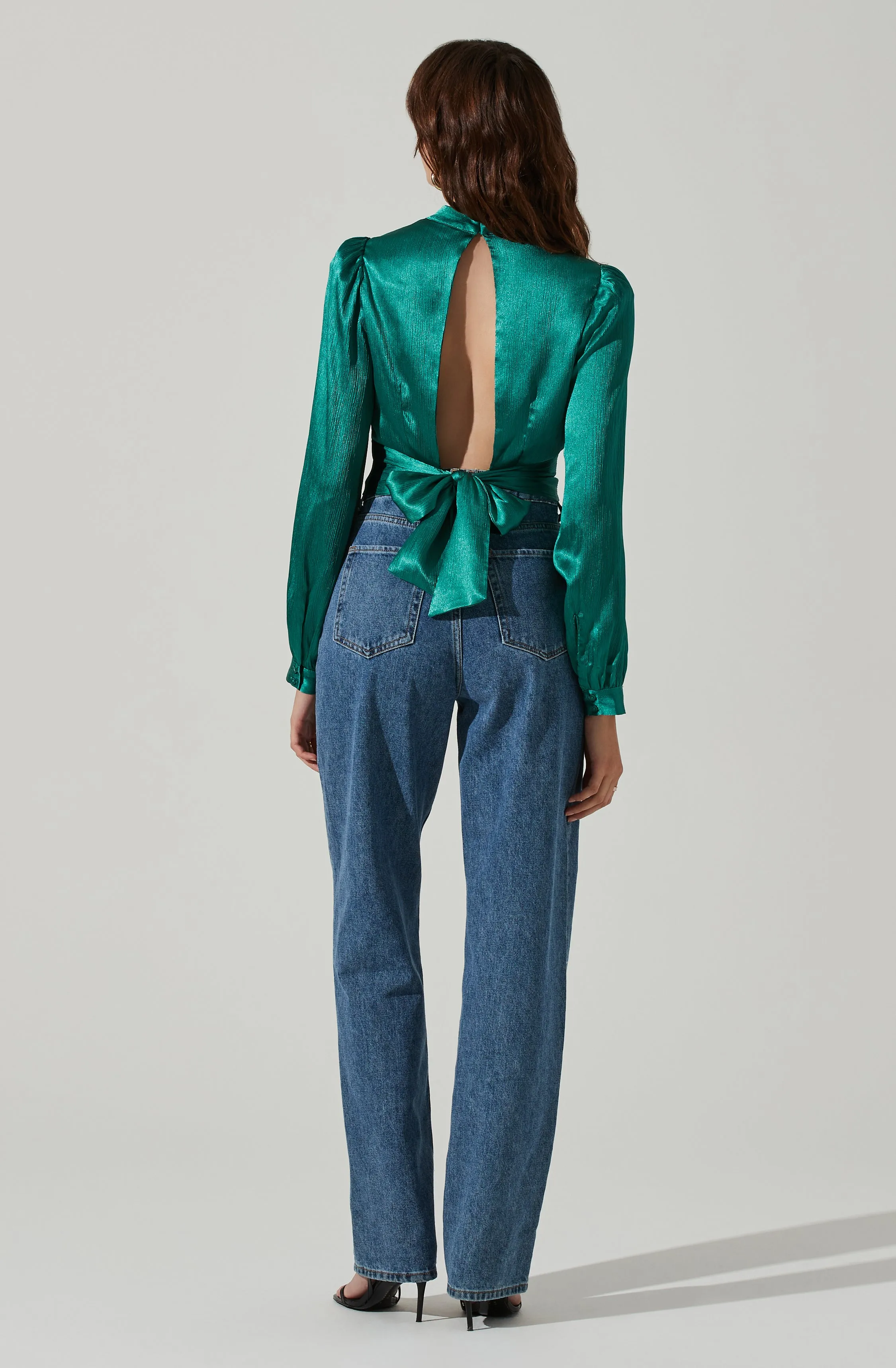 Long Sleeve Mock Neck Open Tie Back Top