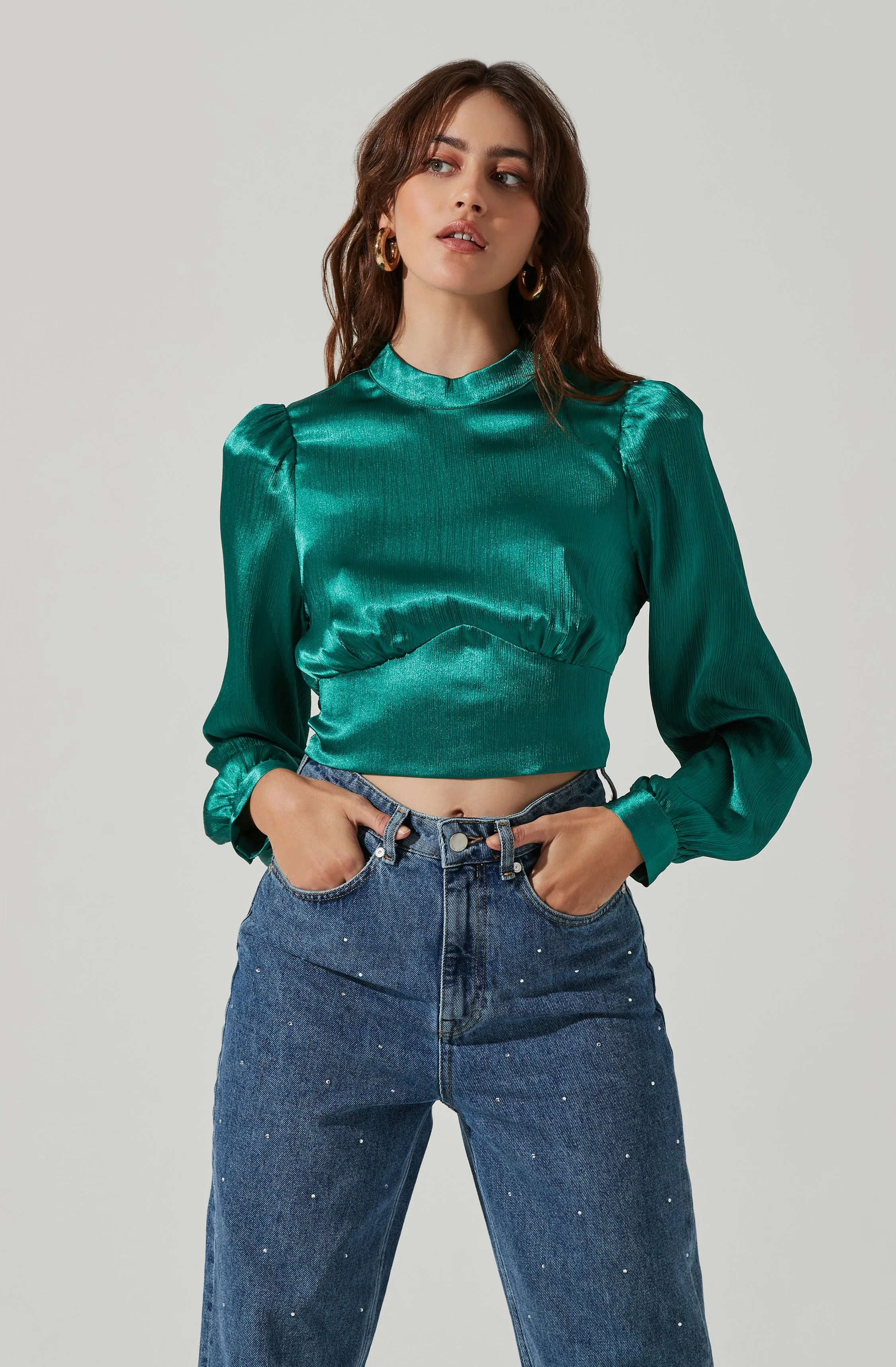 Long Sleeve Mock Neck Open Tie Back Top
