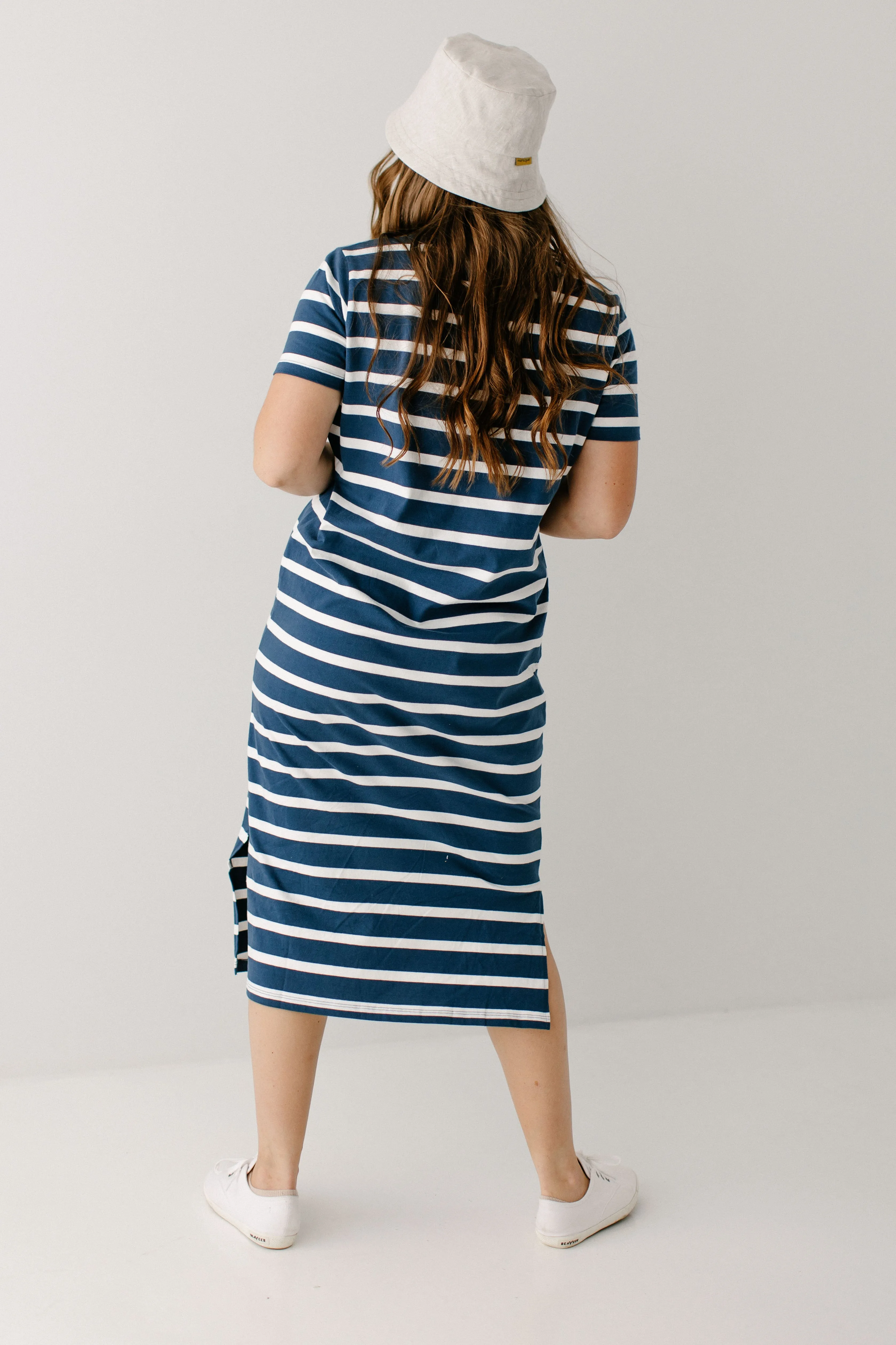 'Lorraine' Cotton Blend Striped Midi Dress in Navy