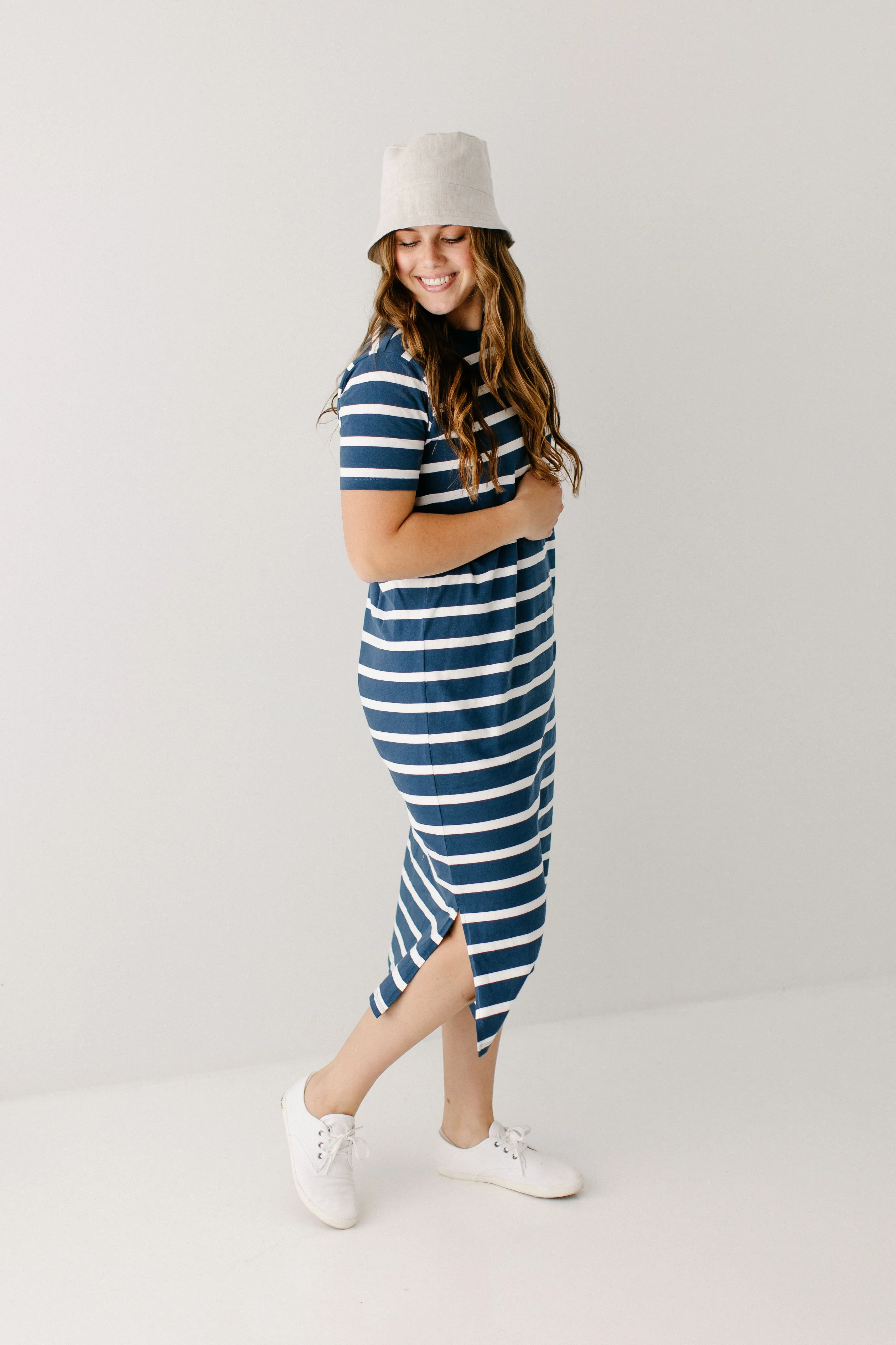 'Lorraine' Cotton Blend Striped Midi Dress in Navy