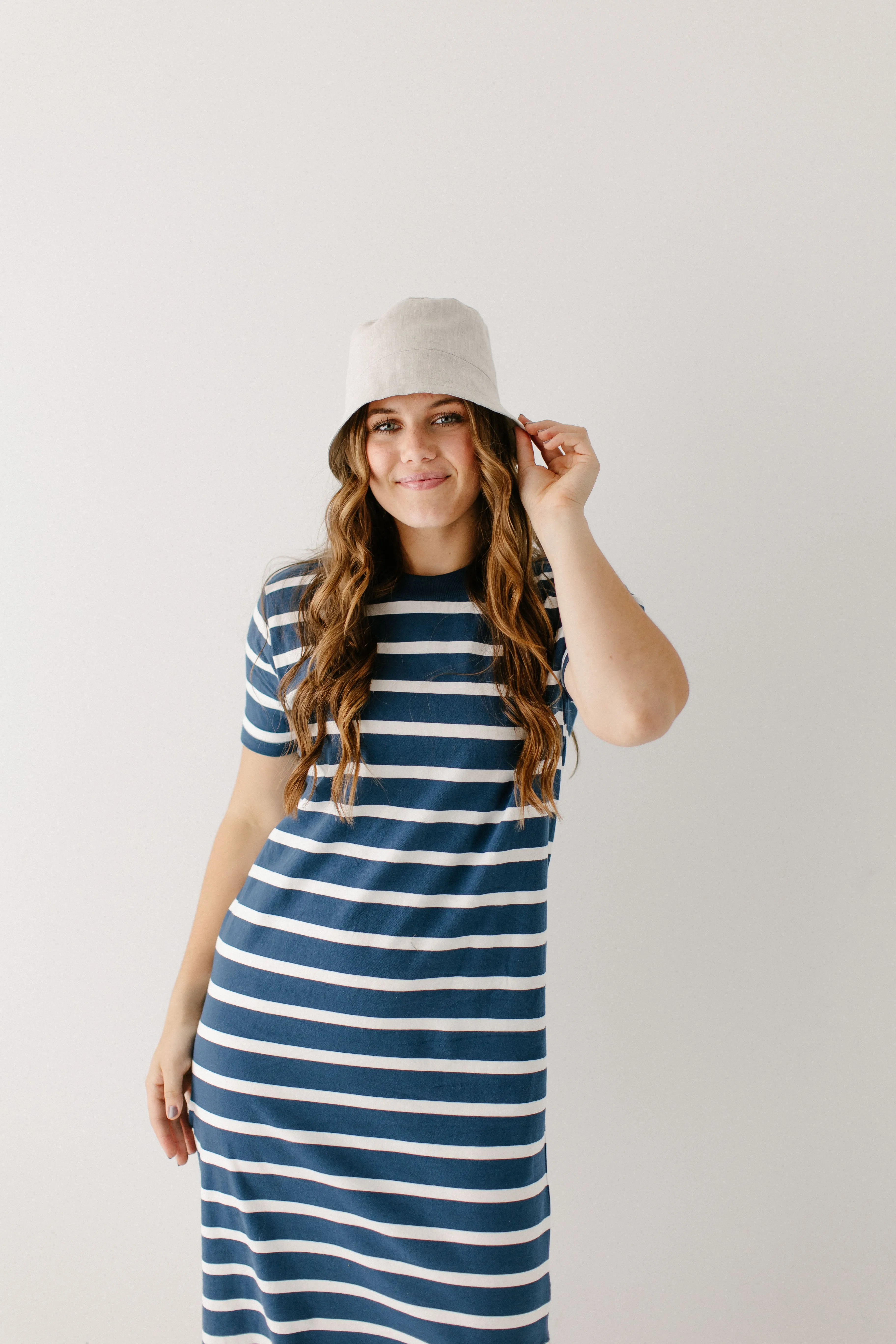 'Lorraine' Cotton Blend Striped Midi Dress in Navy