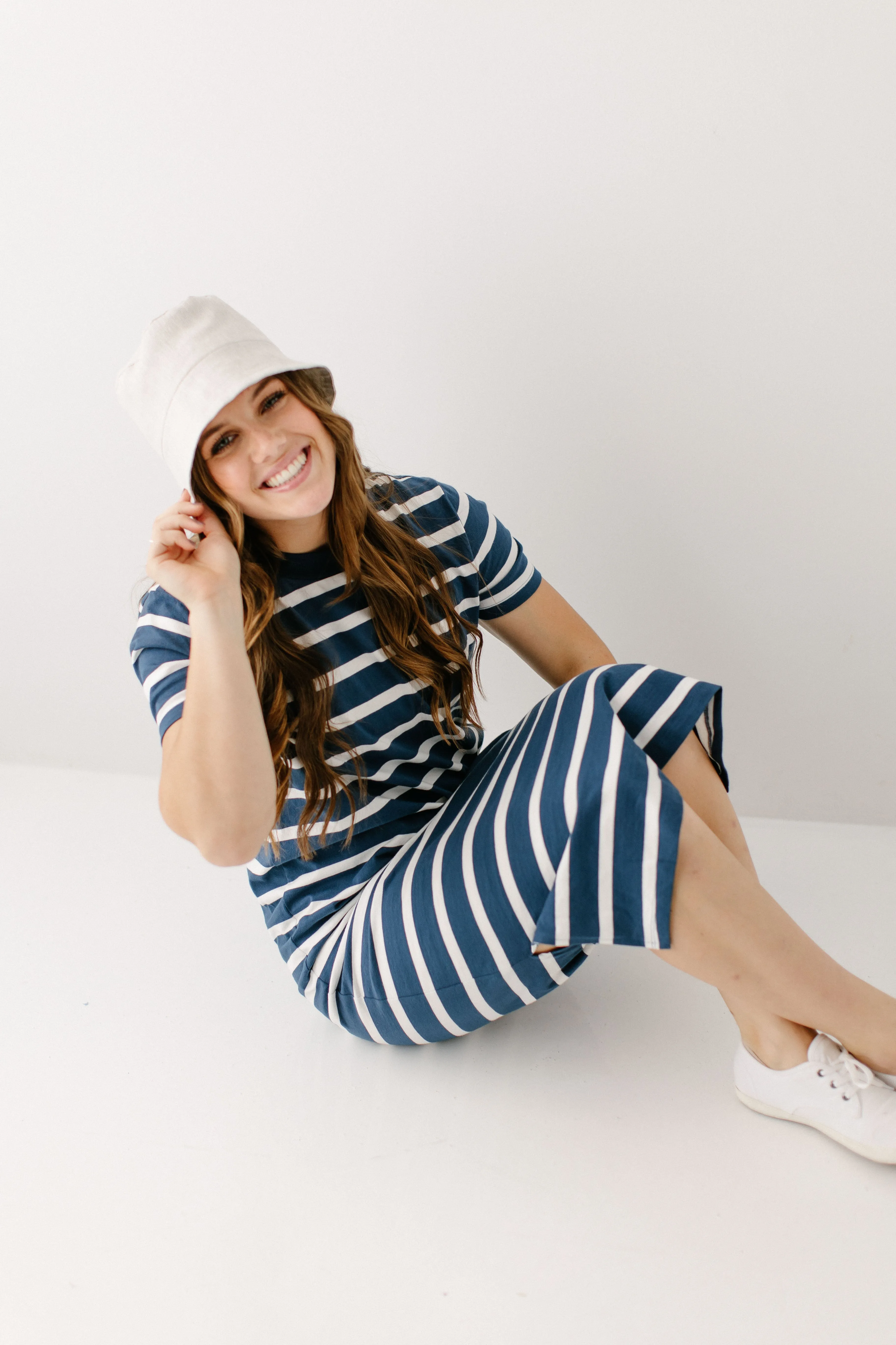 'Lorraine' Cotton Blend Striped Midi Dress in Navy