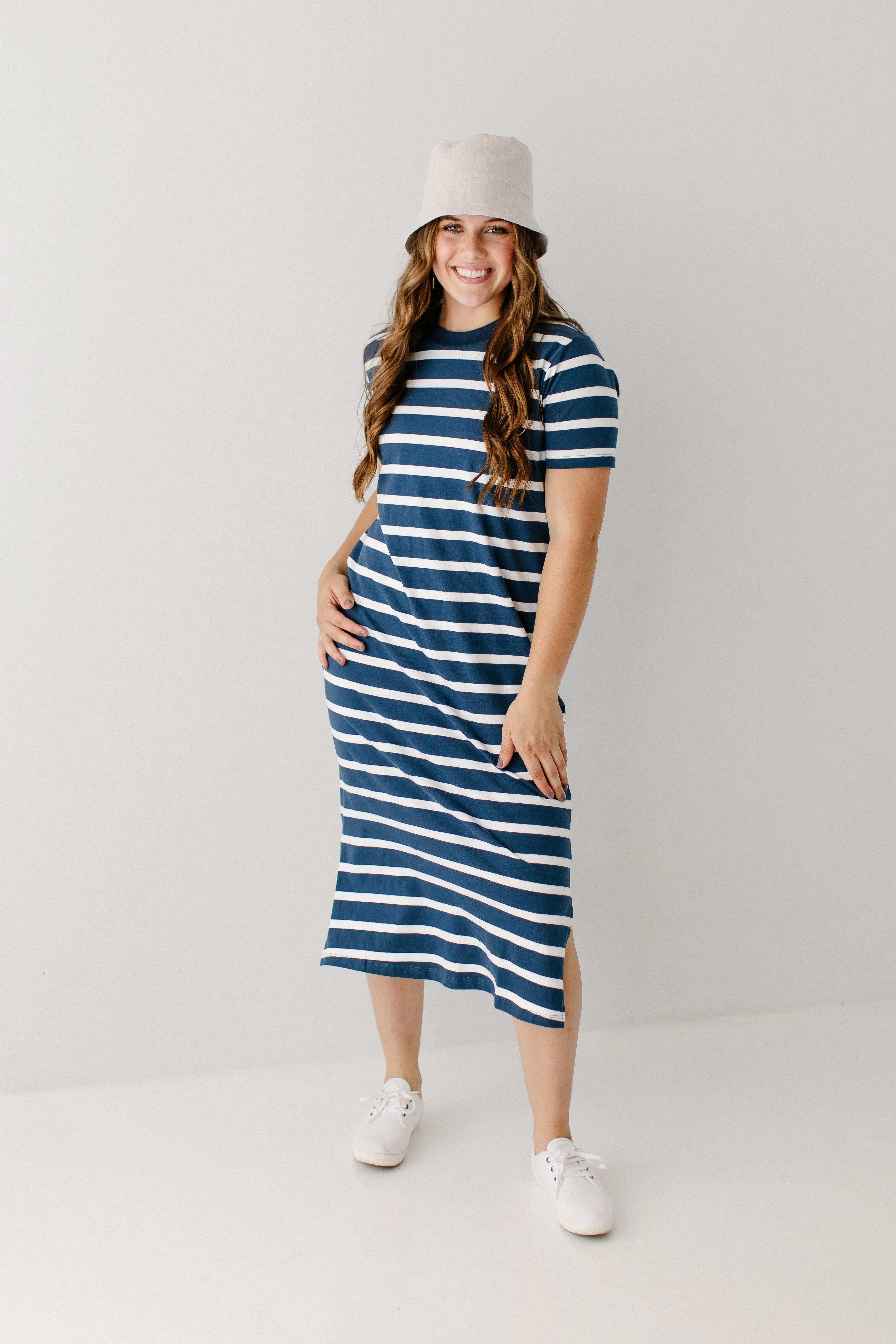 'Lorraine' Cotton Blend Striped Midi Dress in Navy