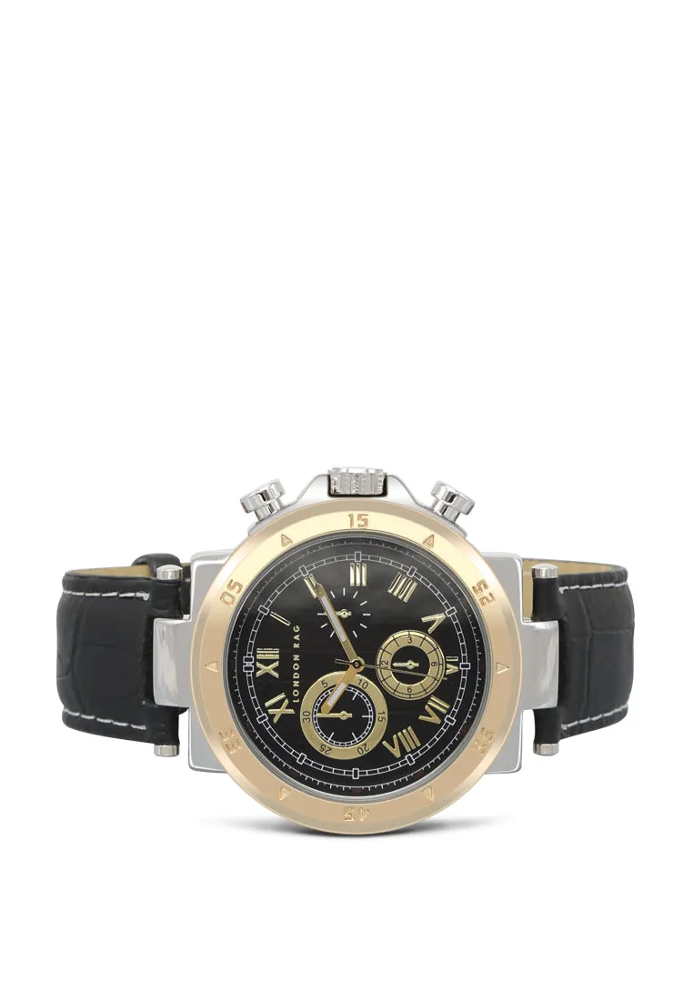 men's black analogue watch for men with croco pu leather strap