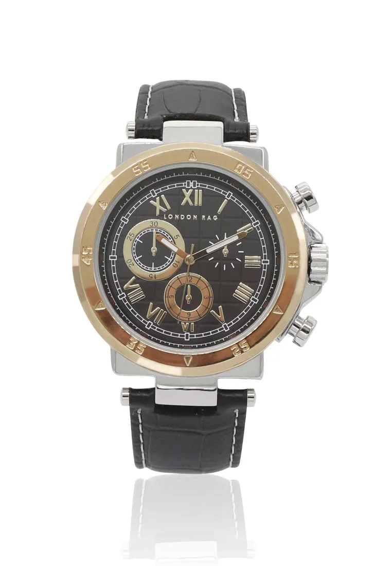 men's black analogue watch for men with croco pu leather strap