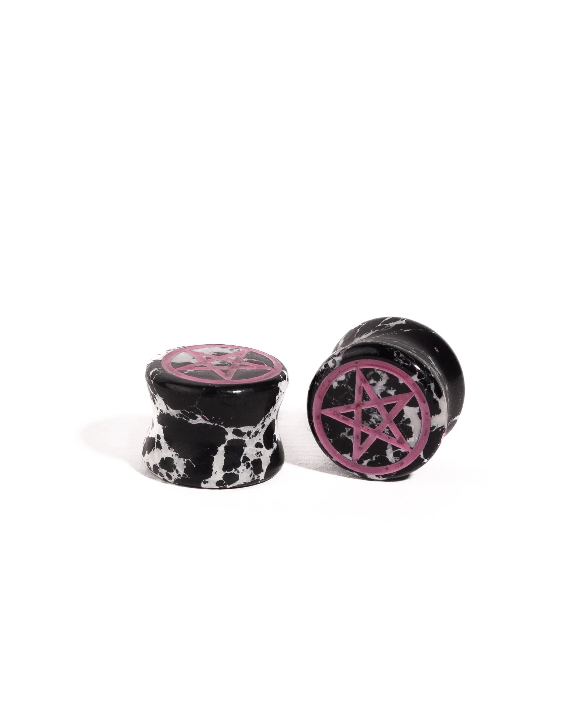Pentagram Black & White Buffalo Painted & Engraved Stone Plugs