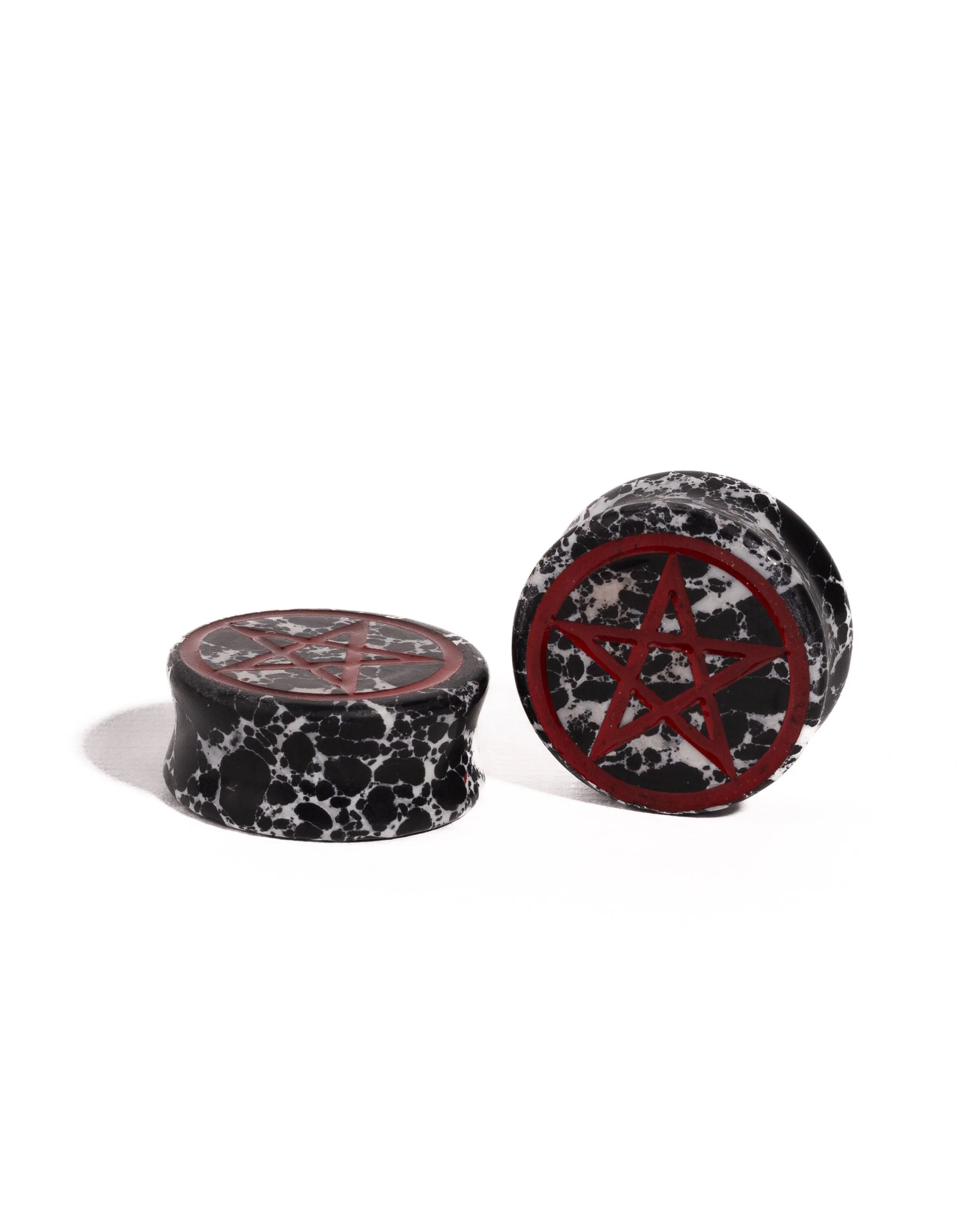 Pentagram Black & White Buffalo Painted & Engraved Stone Plugs