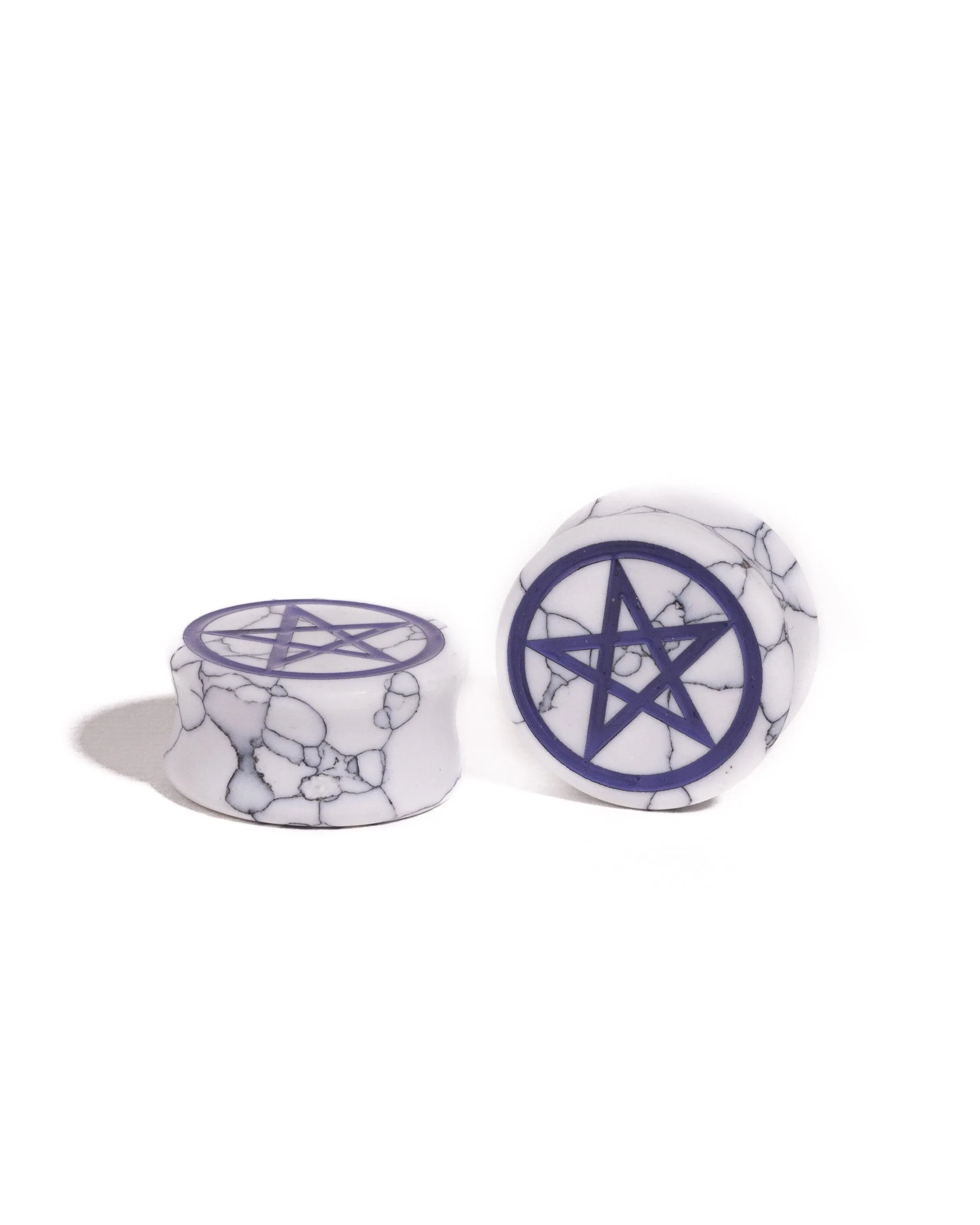 Pentagram Howlite Painted & Engraved Stone Plugs