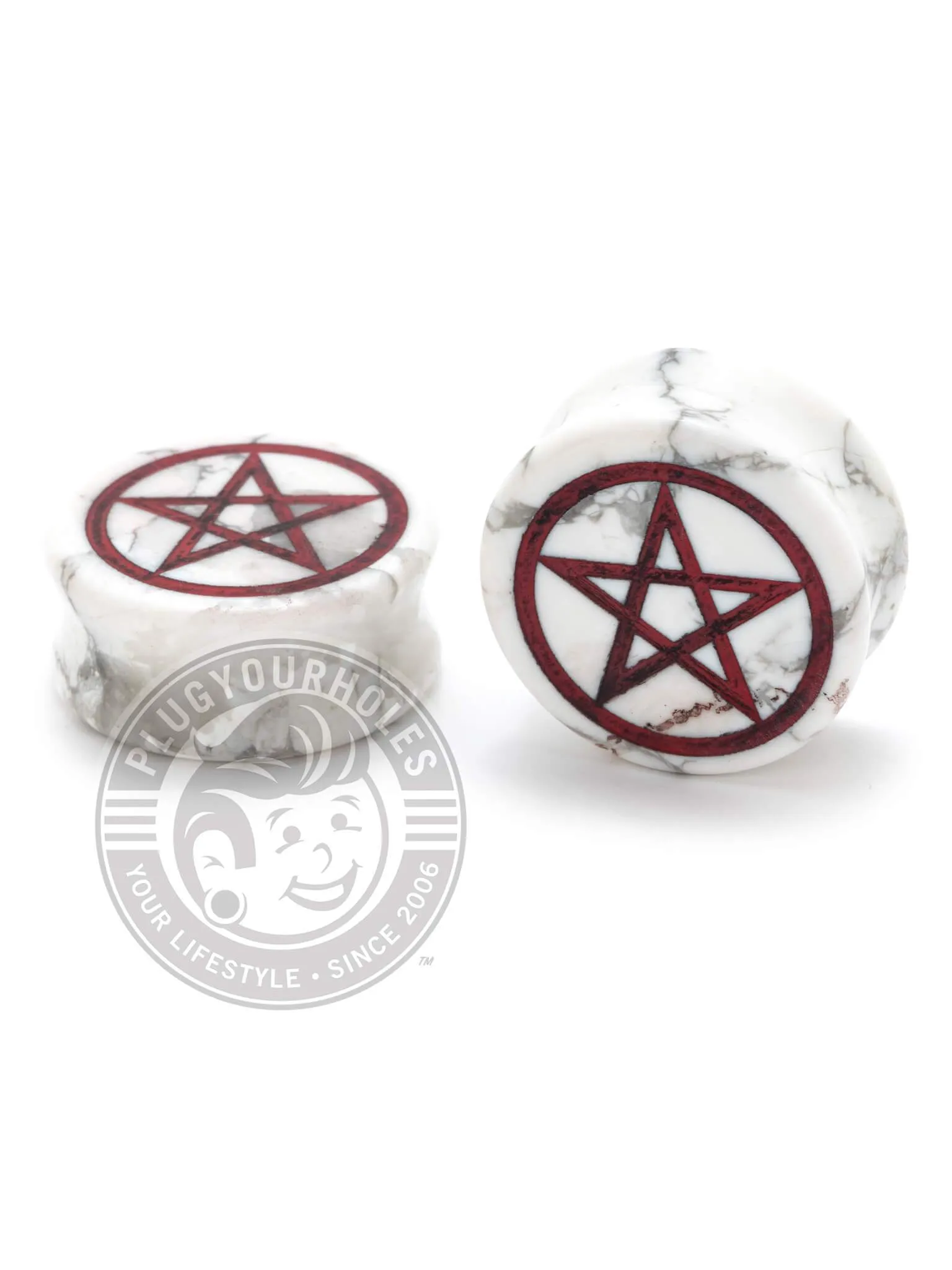 Pentagram Howlite Painted & Engraved Stone Plugs