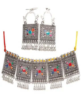 Retro Kashmiri Style Metal Imitation Fashion Oxidised Necklace with matching Earrings for Girls and Ladies